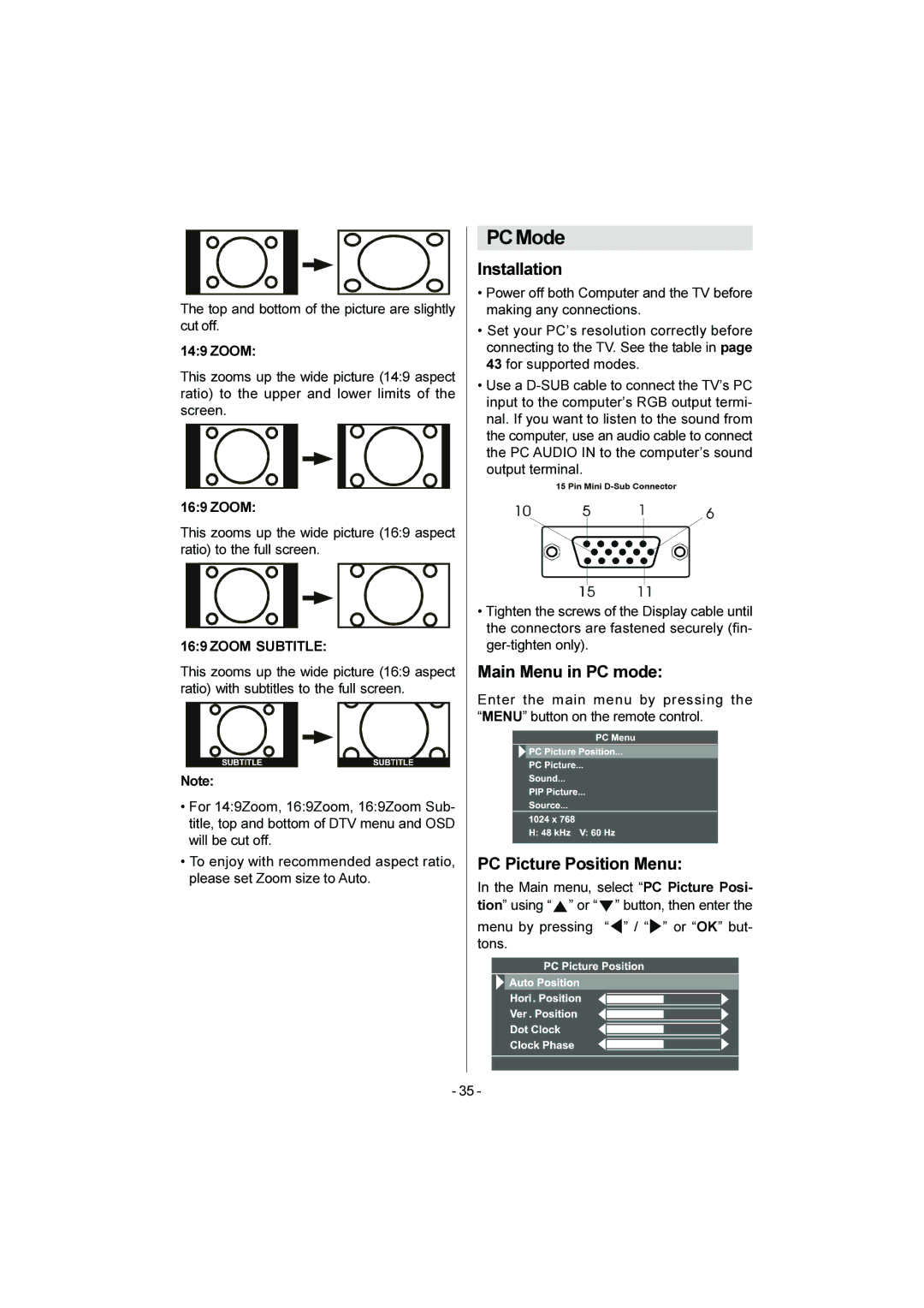 JVC LT-20DA6SK manual PCMode, Main Menu in PC mode, PC Picture Position Menu, Zoom Subtitle 