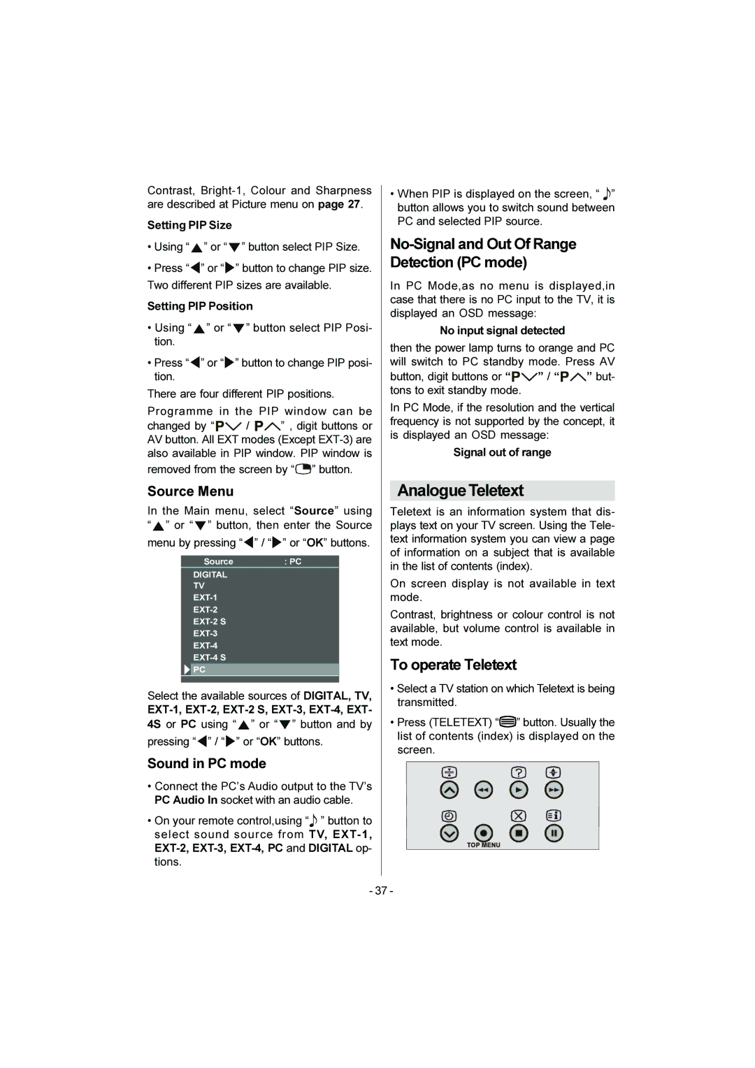 JVC LT-20DA6SK manual AnalogueTeletext, No-Signal and Out Of Range Detection PC mode, To operate Teletext, Sound in PC mode 