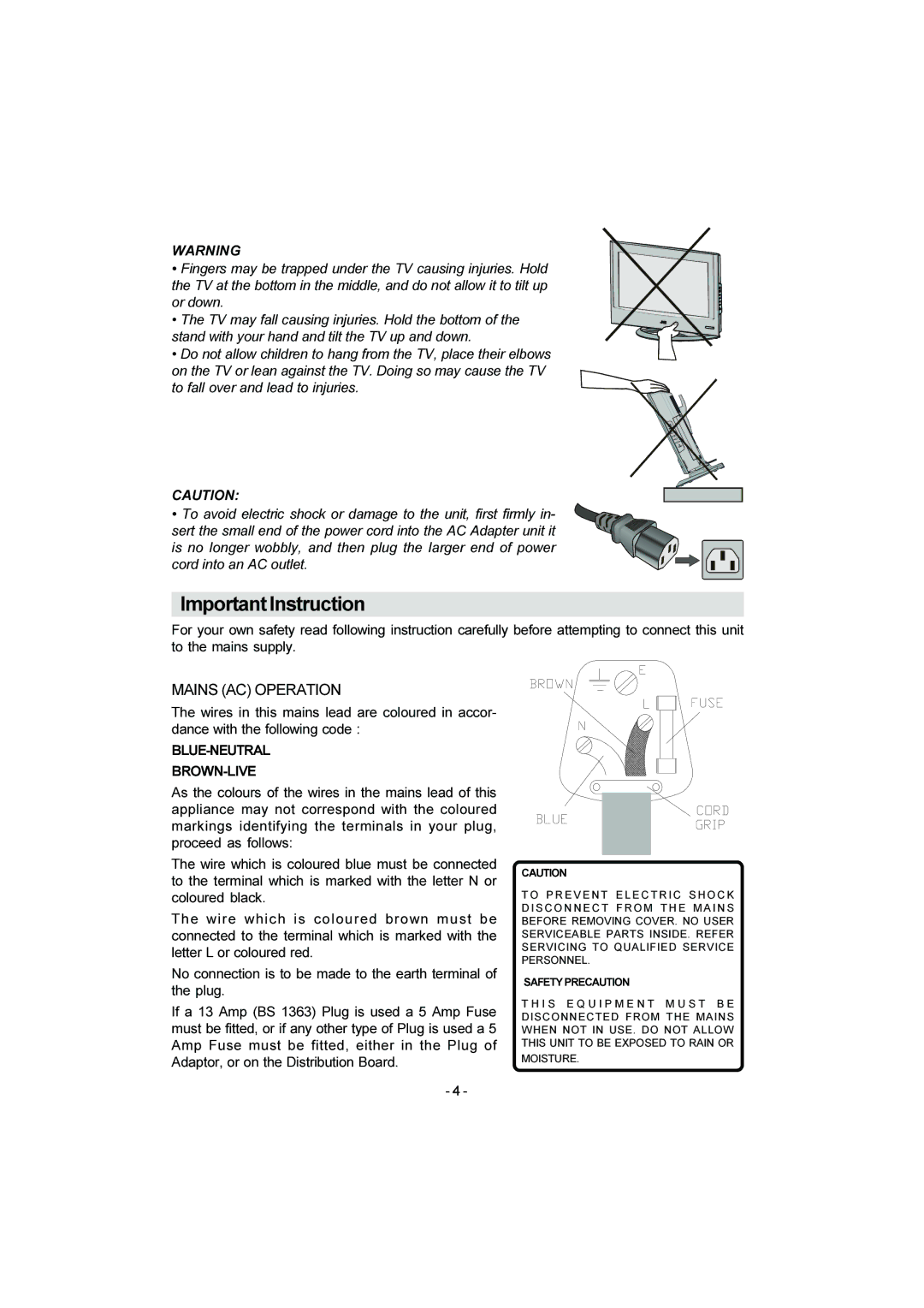 JVC LT-20DA6SK manual Important Instruction, Blue-Neutral Brown-Live 