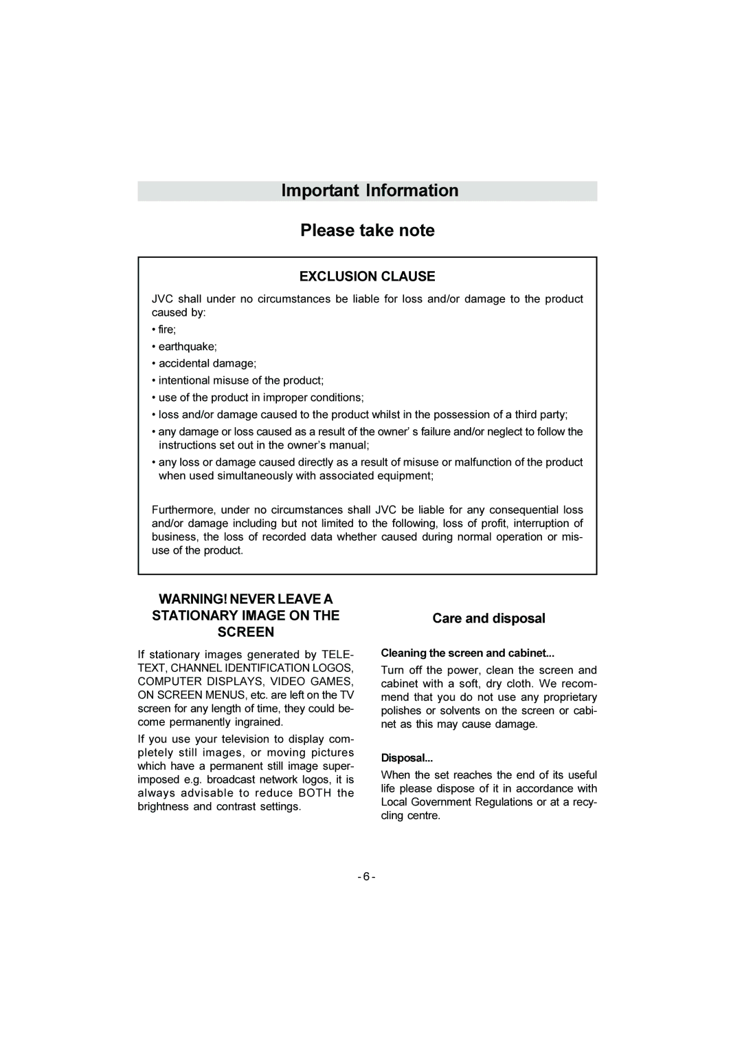 JVC LT-20DA6SK manual Exclusion Clause, Care and disposal 