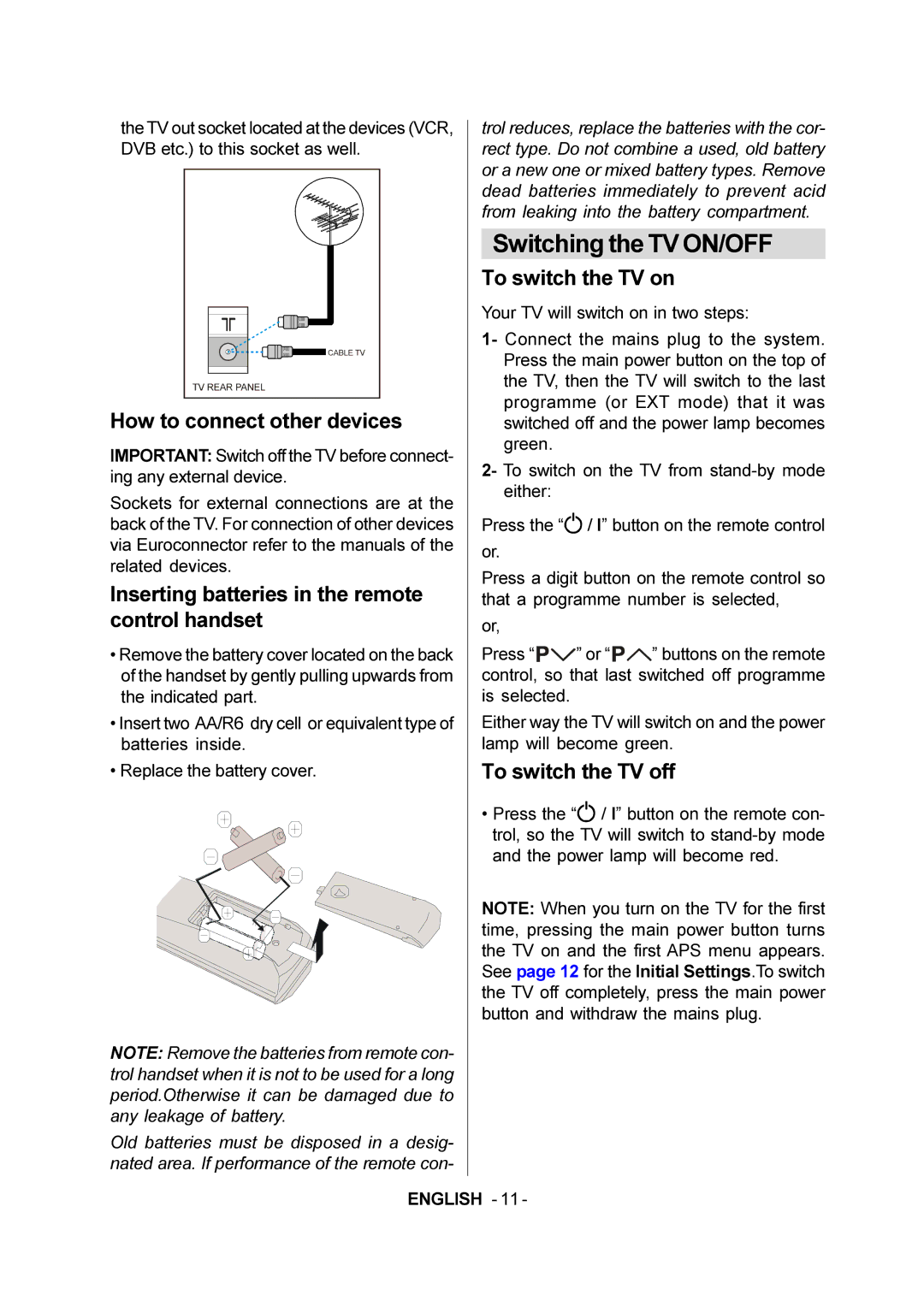 JVC LT-20E50SJ Switching the TV ON/OFF, How to connect other devices, Inserting batteries in the remote control handset 