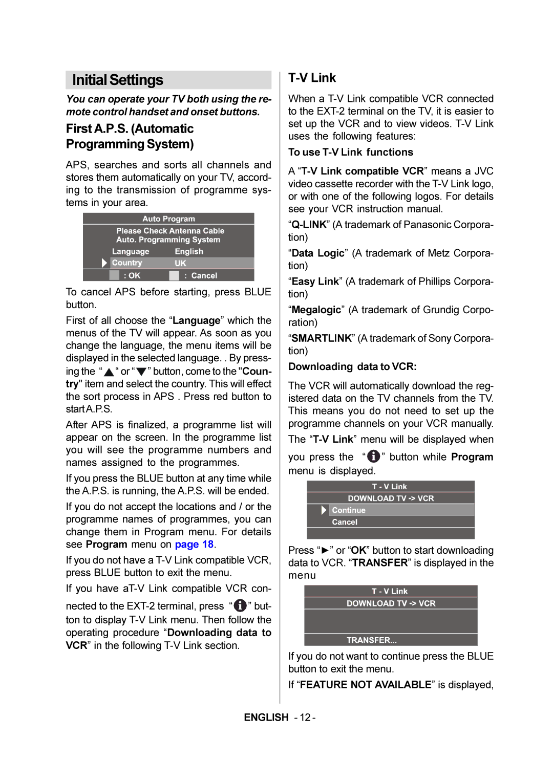 JVC LT-20E50SJ manual InitialSettings, First A.P.S. Automatic Programming System, Link 