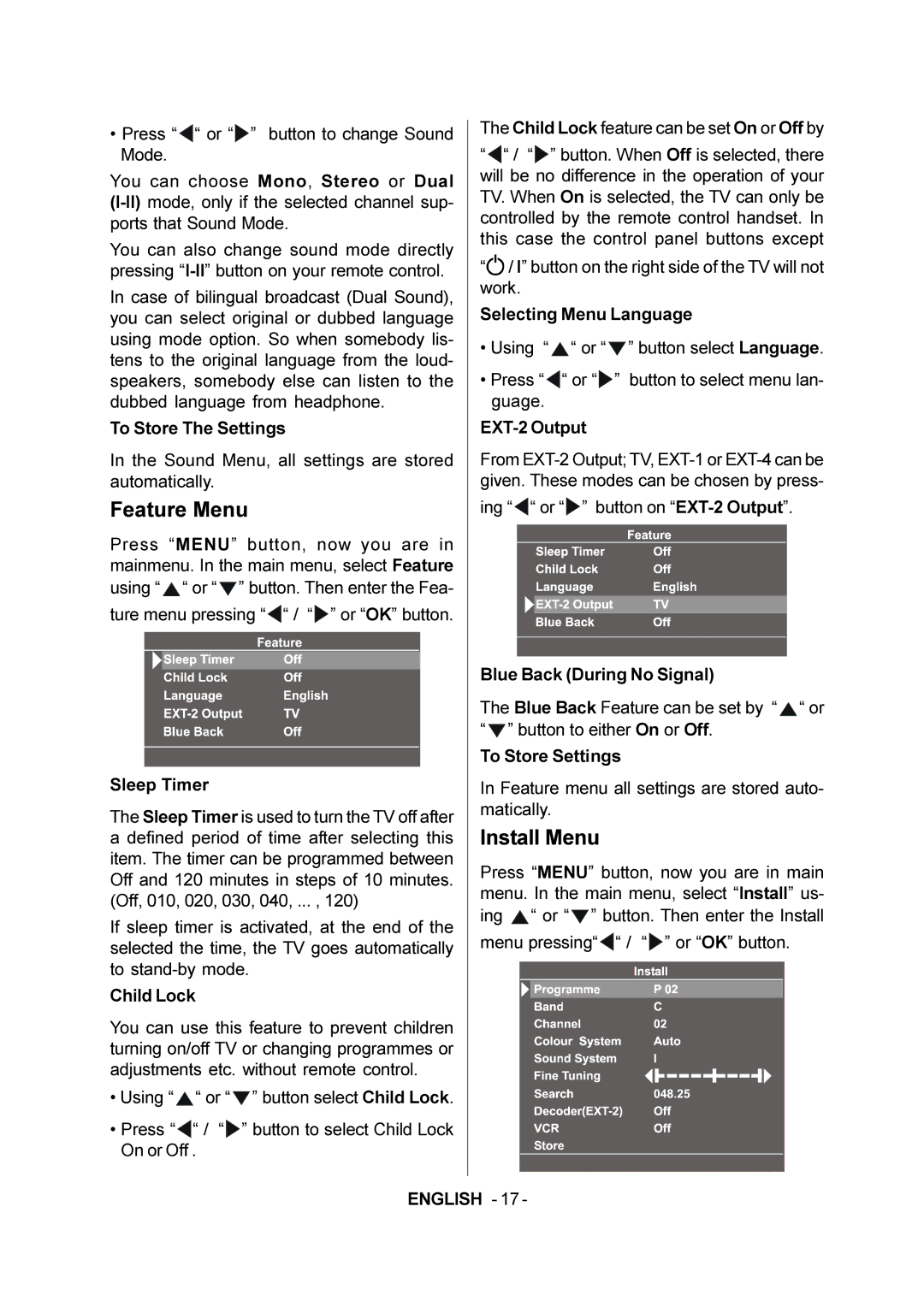 JVC LT-20E50SJ manual Feature Menu, Install Menu 