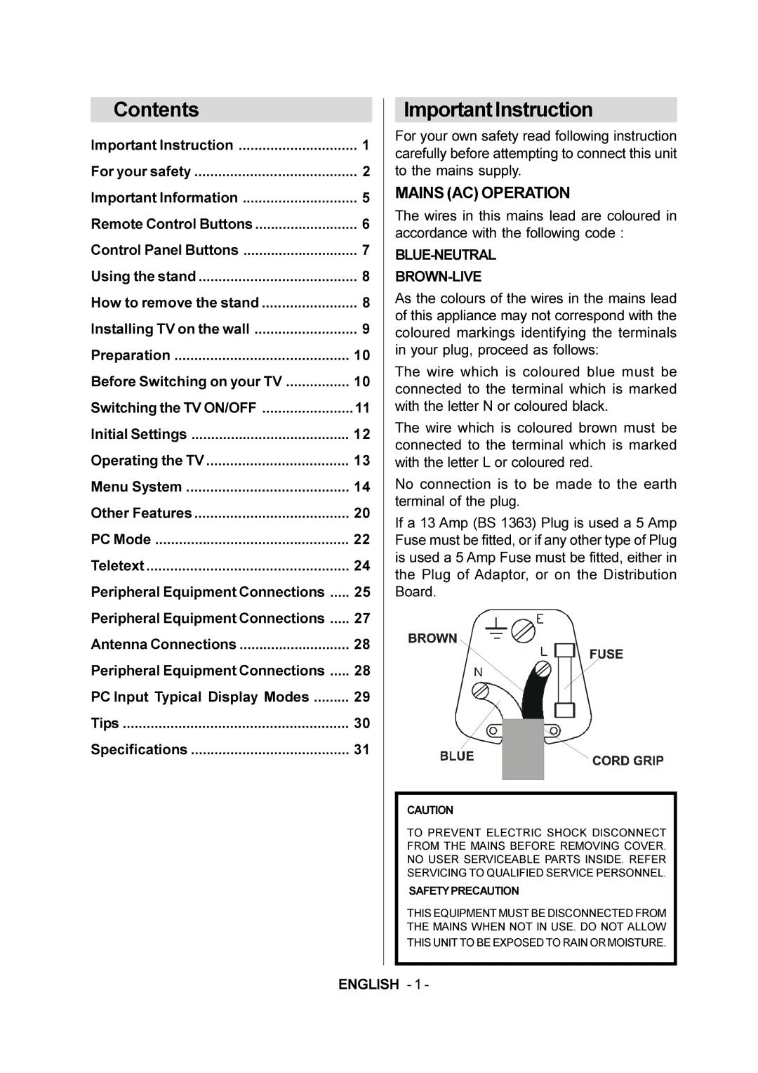 JVC LT-20E50SJ manual Contents, Important Instruction 