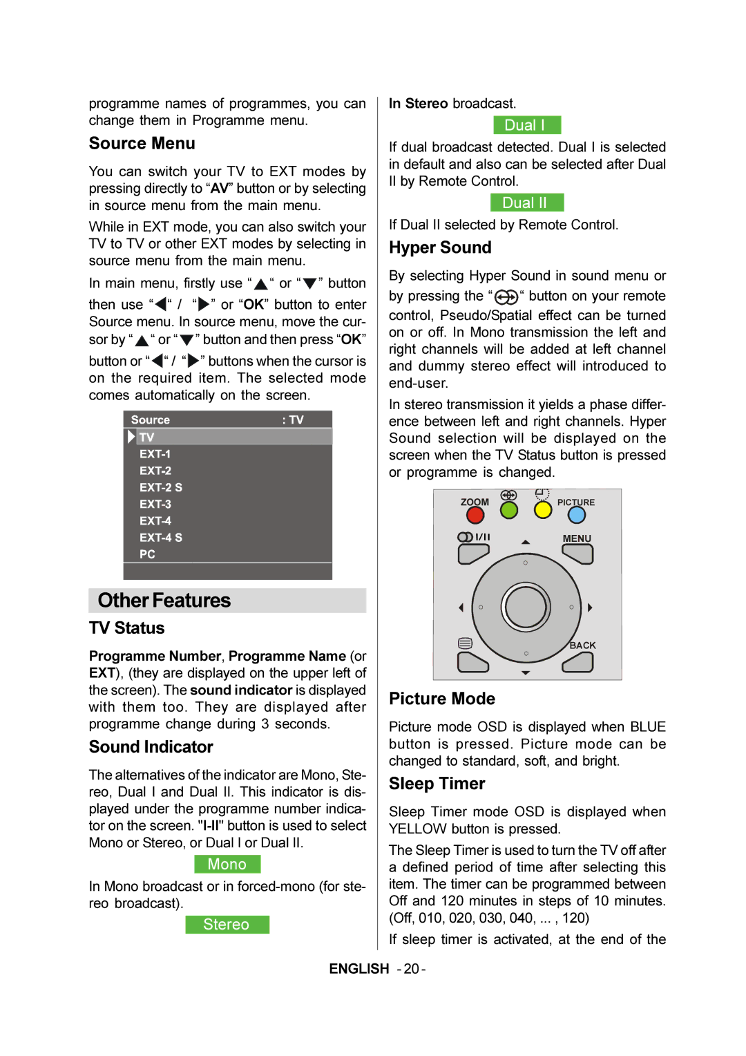 JVC LT-20E50SJ manual Source Menu, Hyper Sound, TV Status, Picture Mode, Sound Indicator, Sleep Timer 