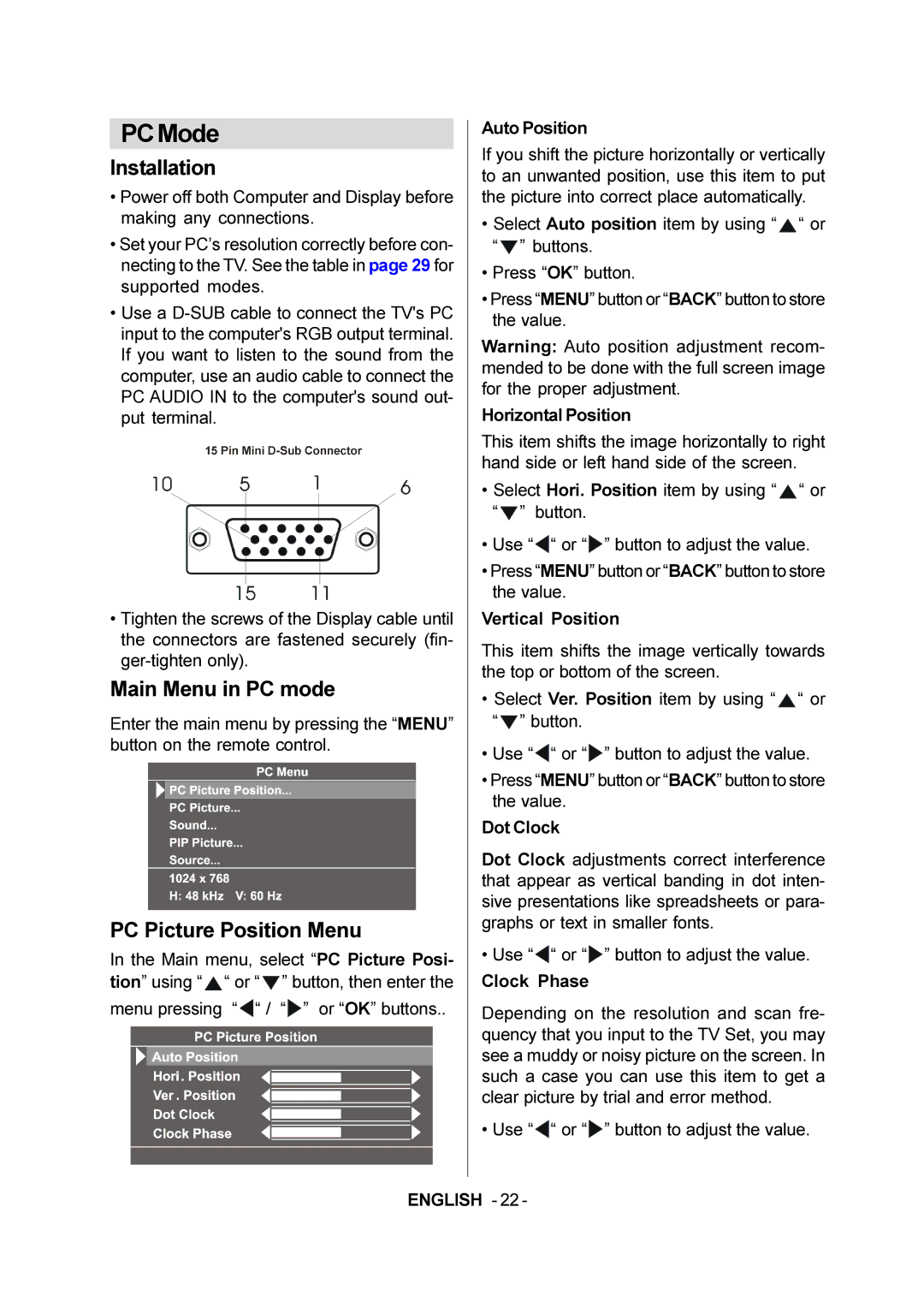 JVC LT-20E50SJ manual PCMode, Installation, Main Menu in PC mode, PC Picture Position Menu 