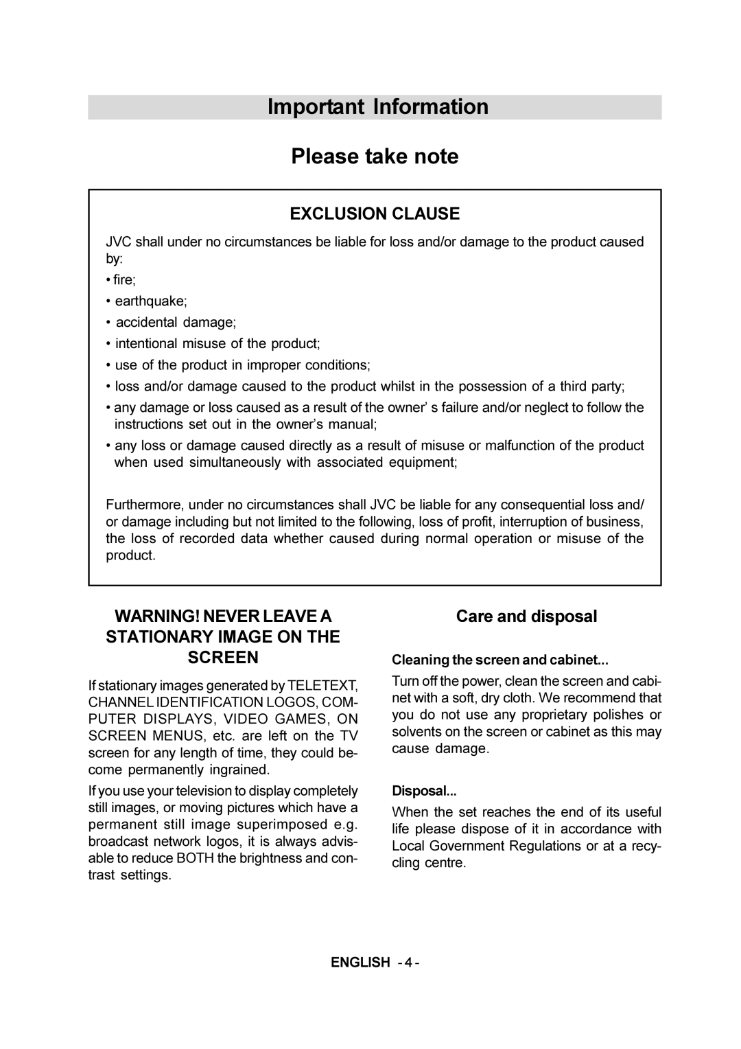 JVC LT-20E50SJ manual Important Information Please take note 