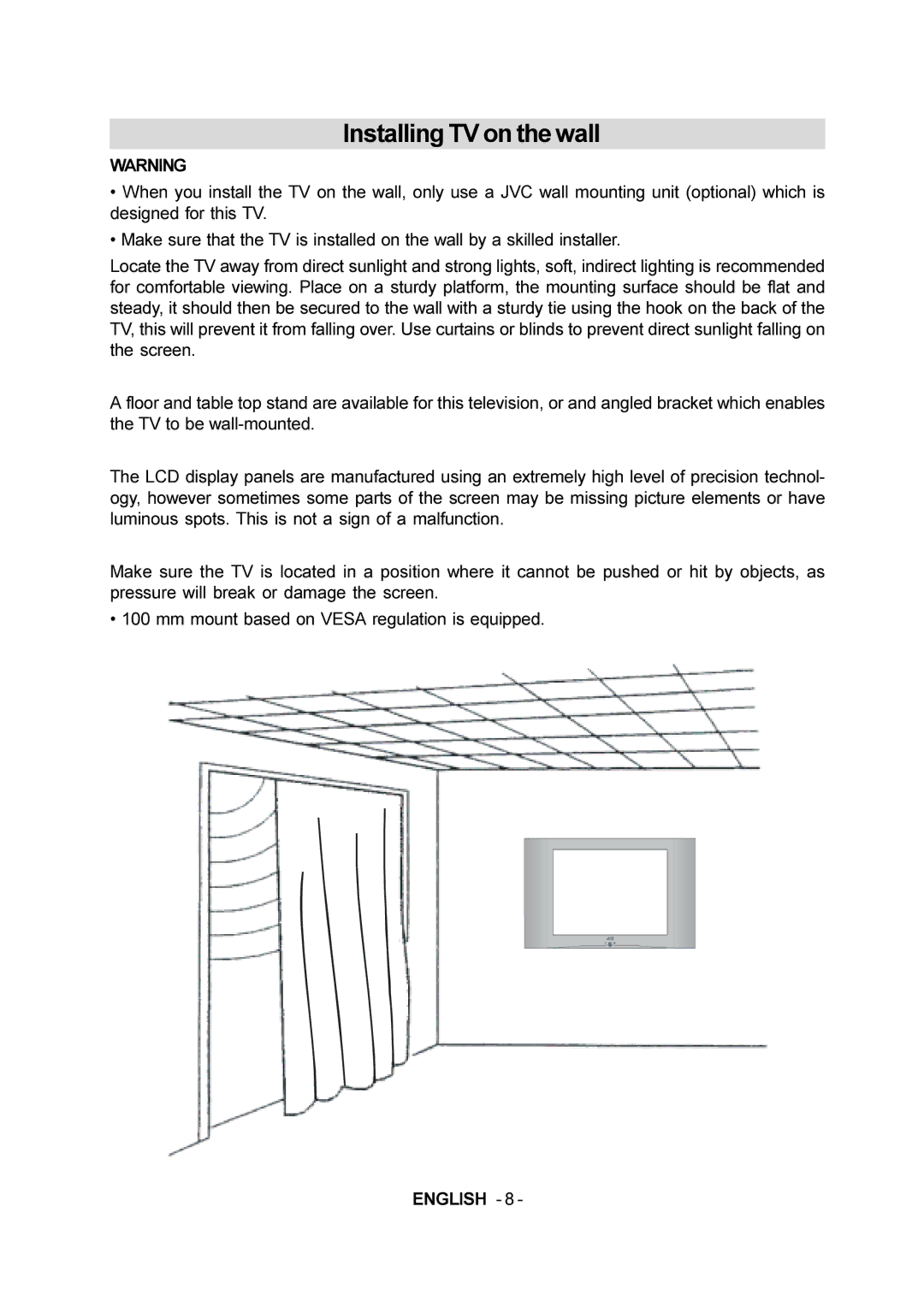 JVC LT-20E50SJ manual Installing TV on the wall 