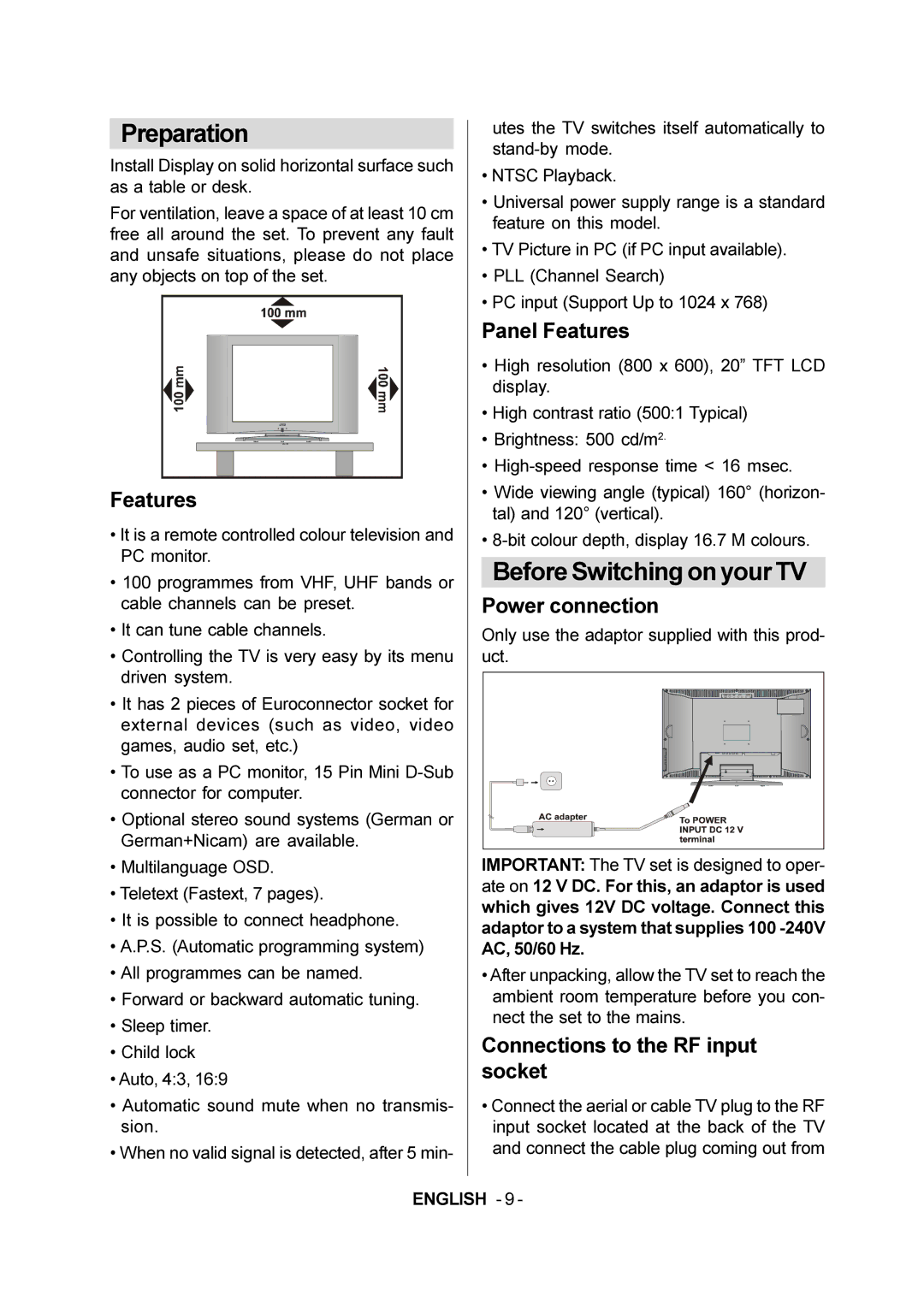 JVC LT-20E50SJ manual Preparation 