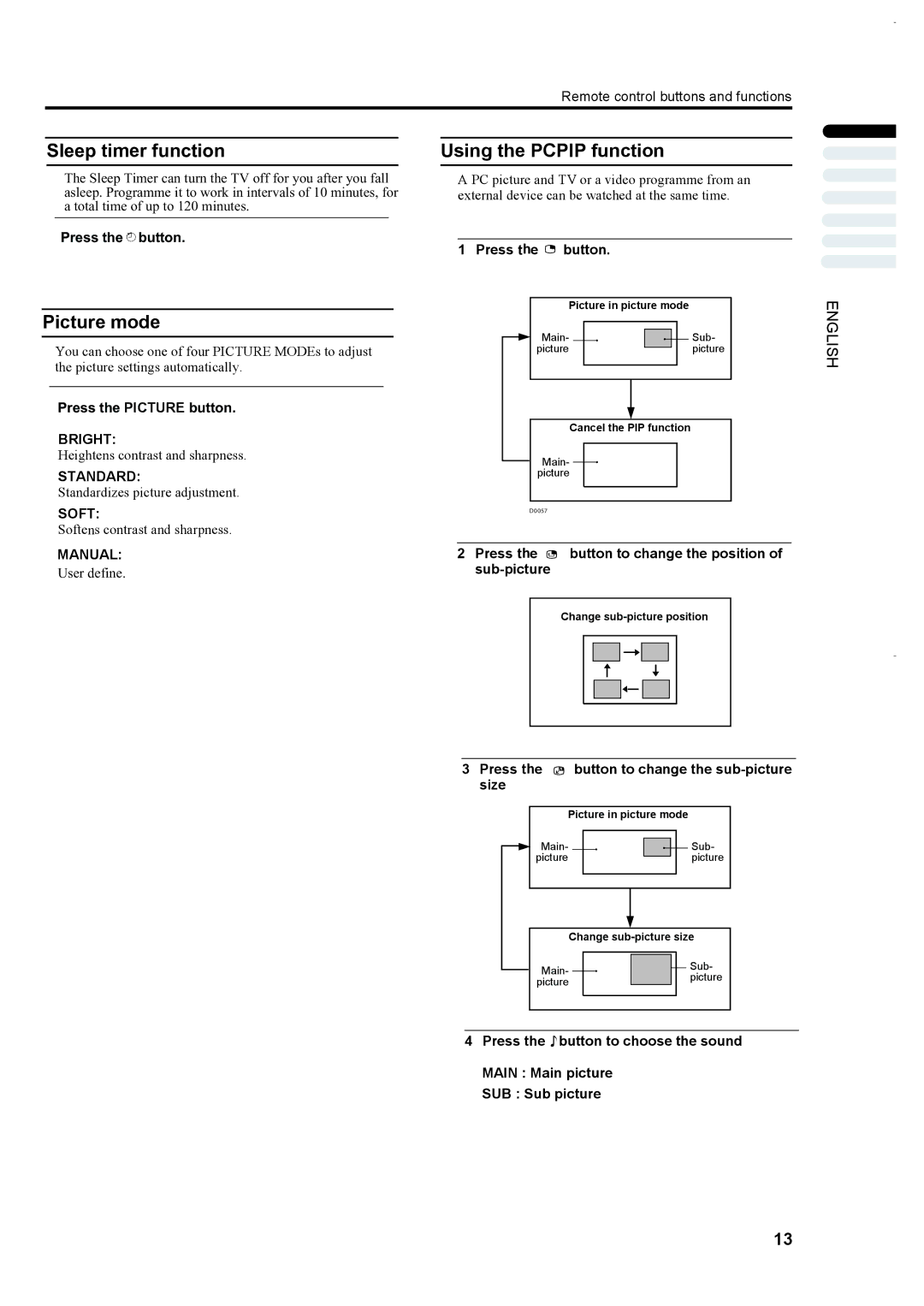 JVC LT-23S2 manual Sleep timer function, Picture mode, Using the Pcpip function 