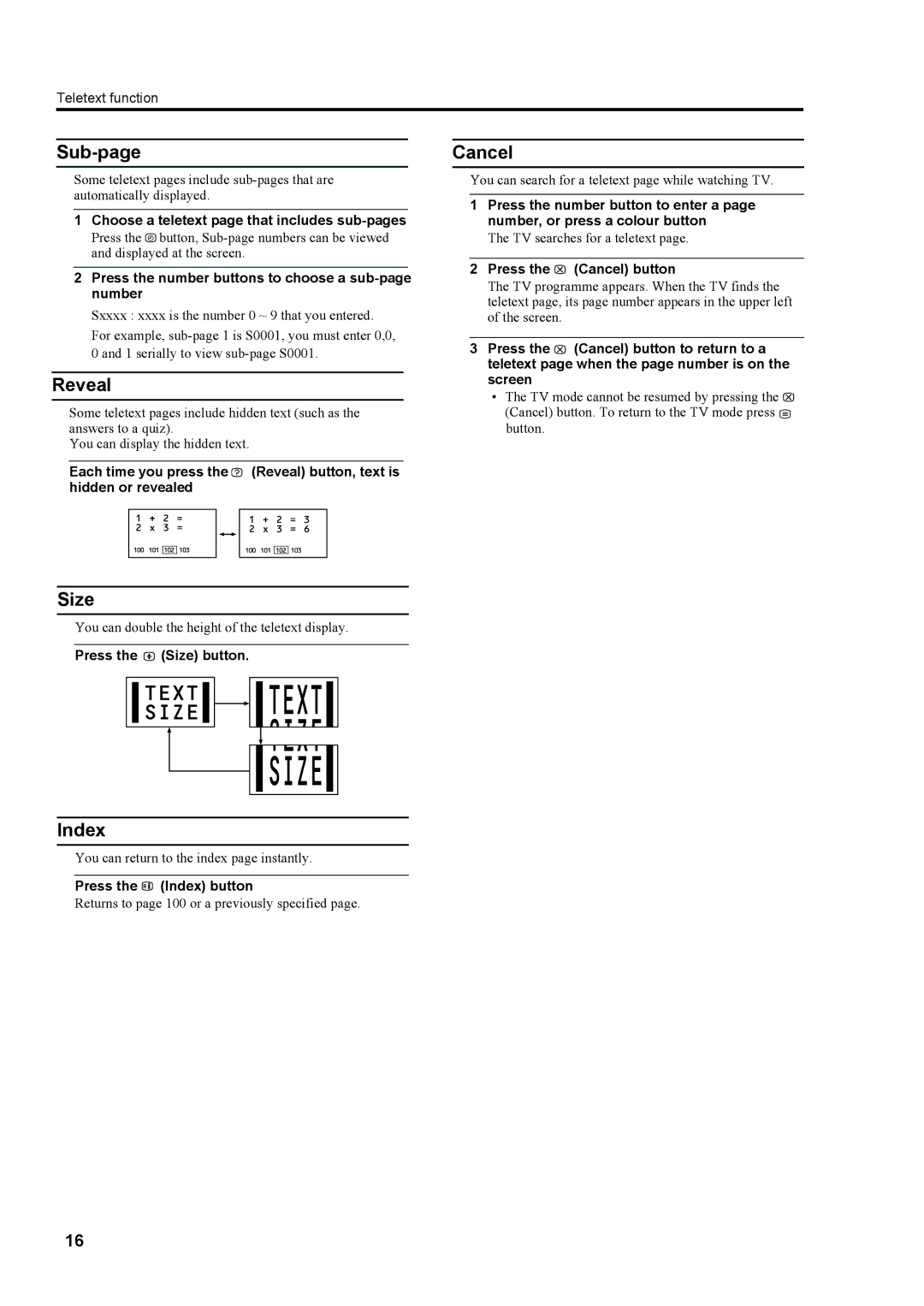 JVC LT-23S2 manual Sub-page, Reveal, Cancel, Size, Index 