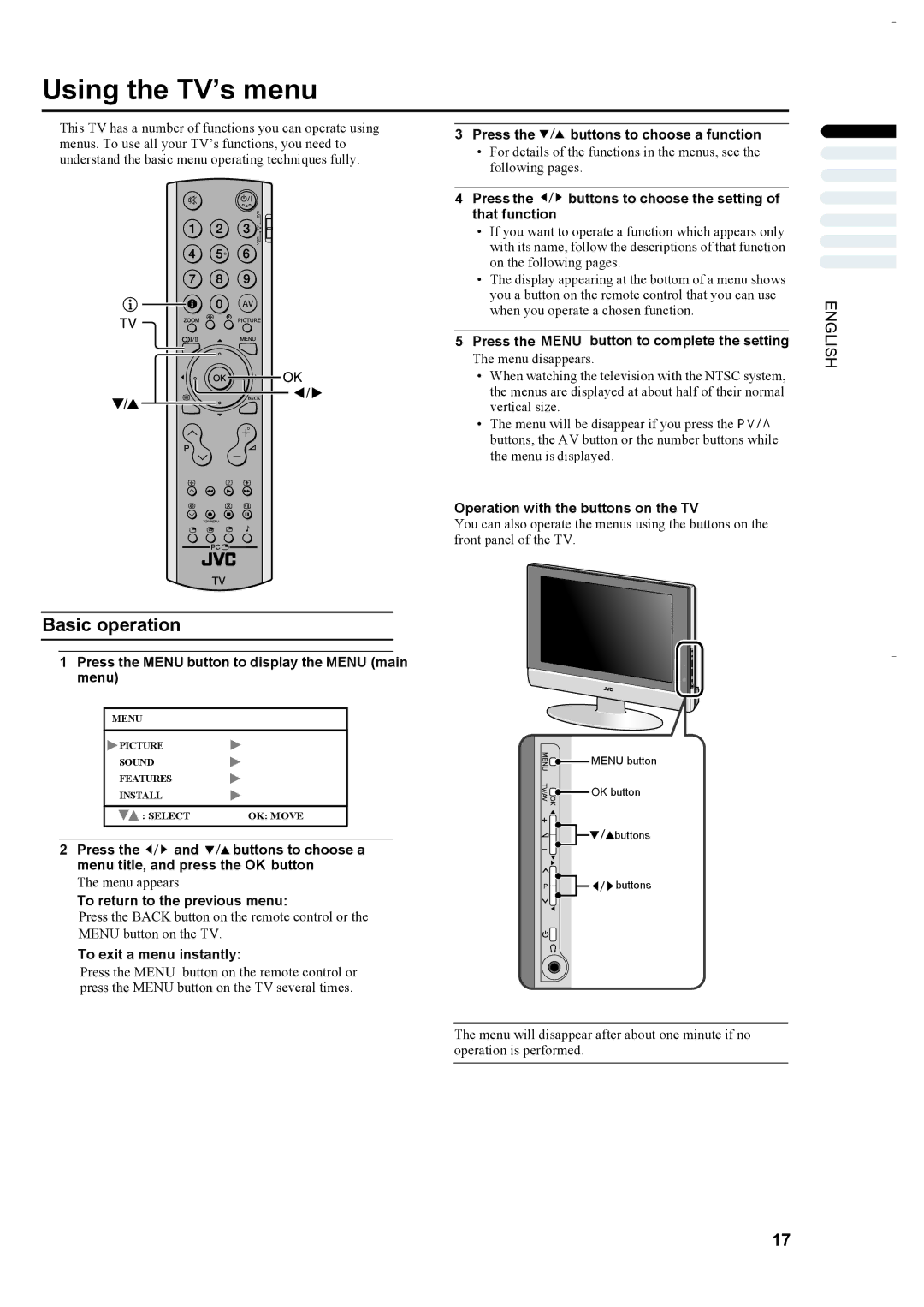 JVC LT-23S2 manual Using the TV’s menu 