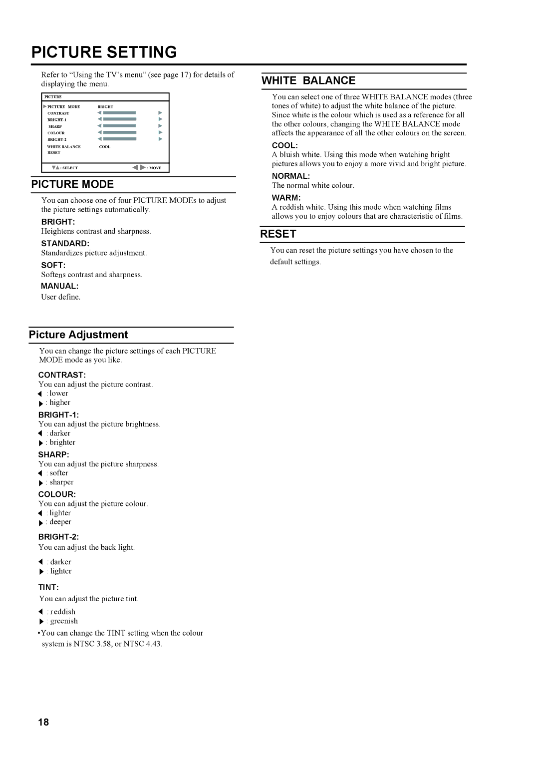 JVC LT-23S2 manual Picture Mode, Picture Adjustment, White Balance, Reset 