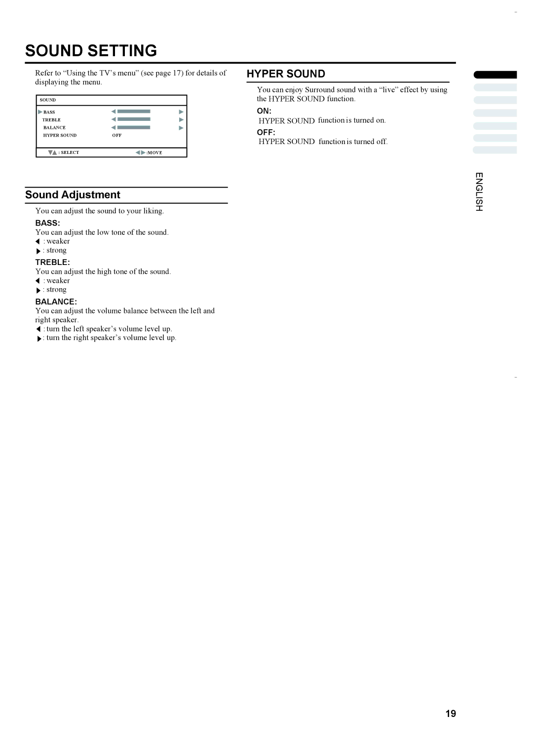 JVC LT-23S2 manual Sound Adjustment, Hyper Sound 