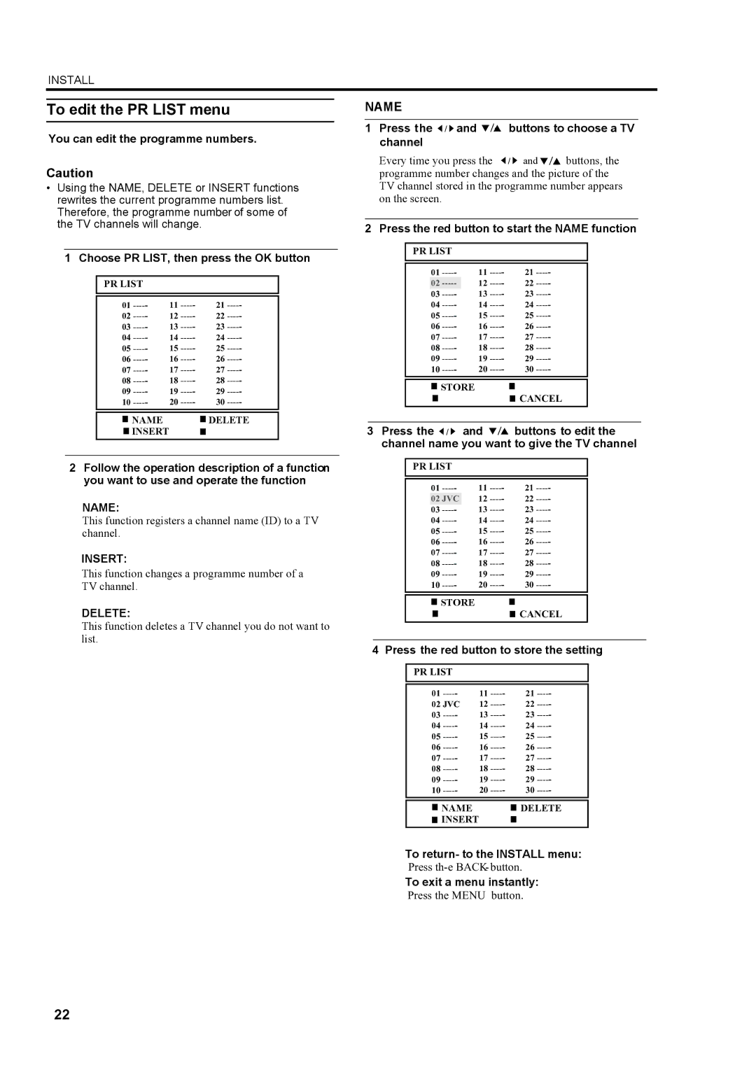 JVC LT-23S2 manual To edit the PR List menu, Name, Insert, Delete 