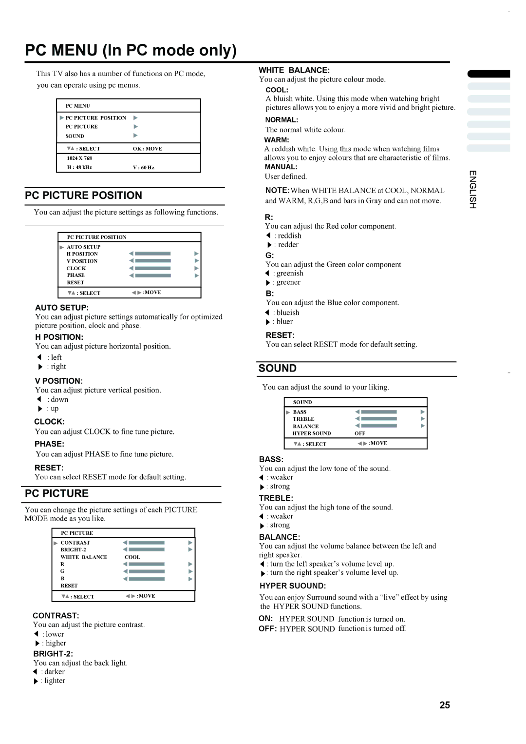 JVC LT-23S2 manual PC Menu In PC mode only, PC Picture Position, Sound 