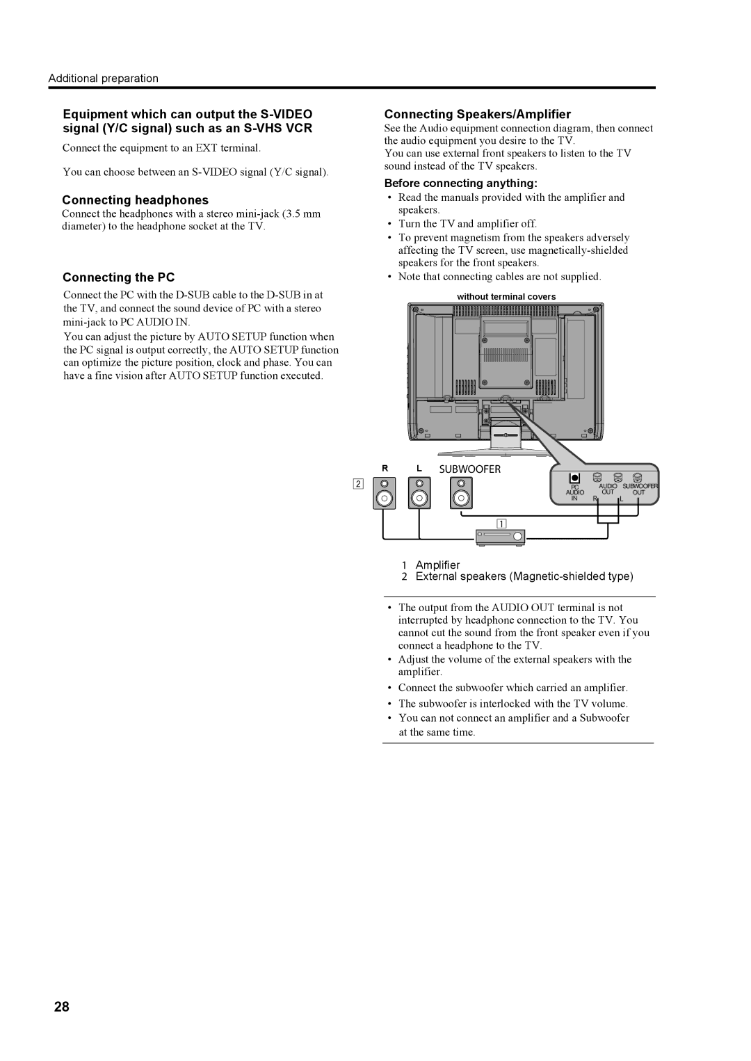 JVC LT-23S2 manual Connecting headphones, Connecting the PC, Connecting Speakers/Amplifier 