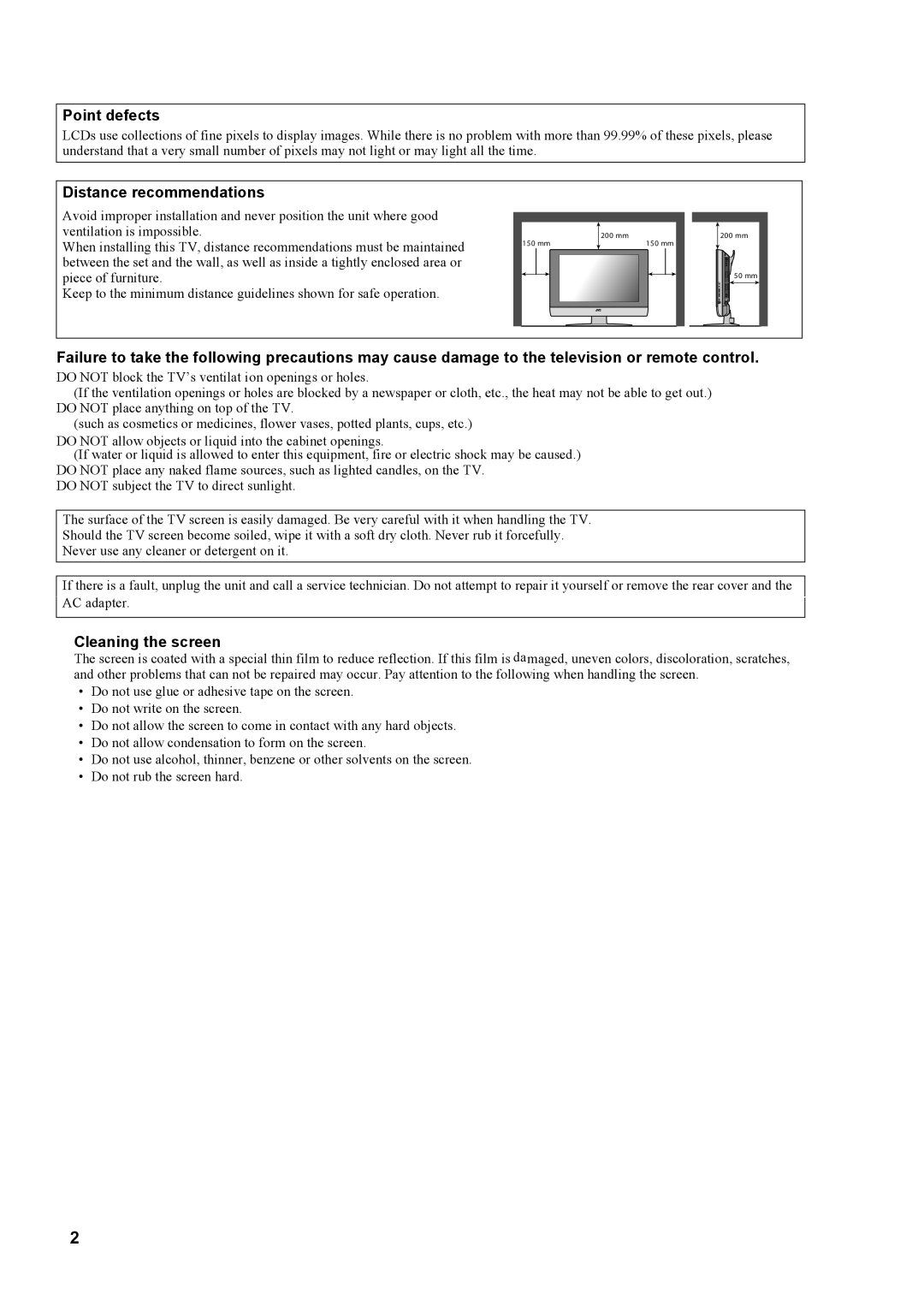 JVC LT-23S2 manual Point defects, Distance recommendations, Cleaning the screen 