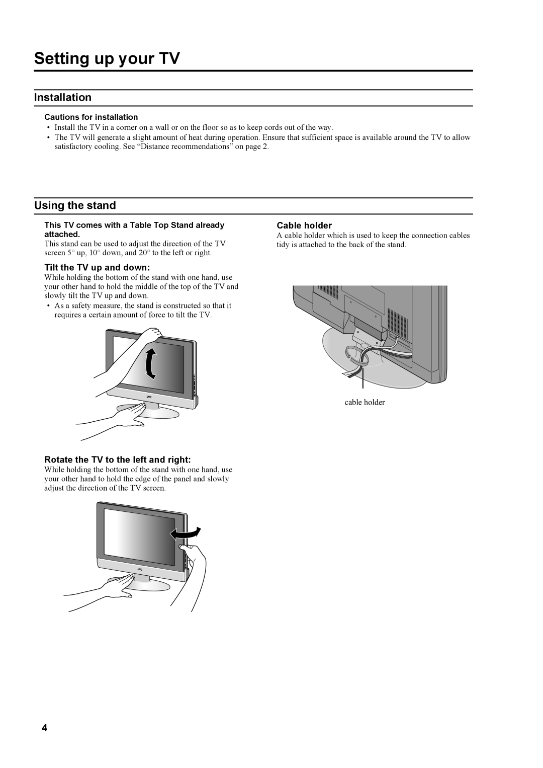 JVC LT-23S2 manual Setting up your TV, Installation, Using the stand 