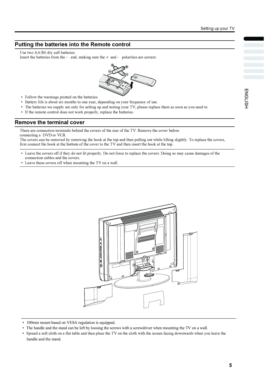 JVC LT-23S2 manual Putting the batteries into the Remote control, Remove the terminal cover 