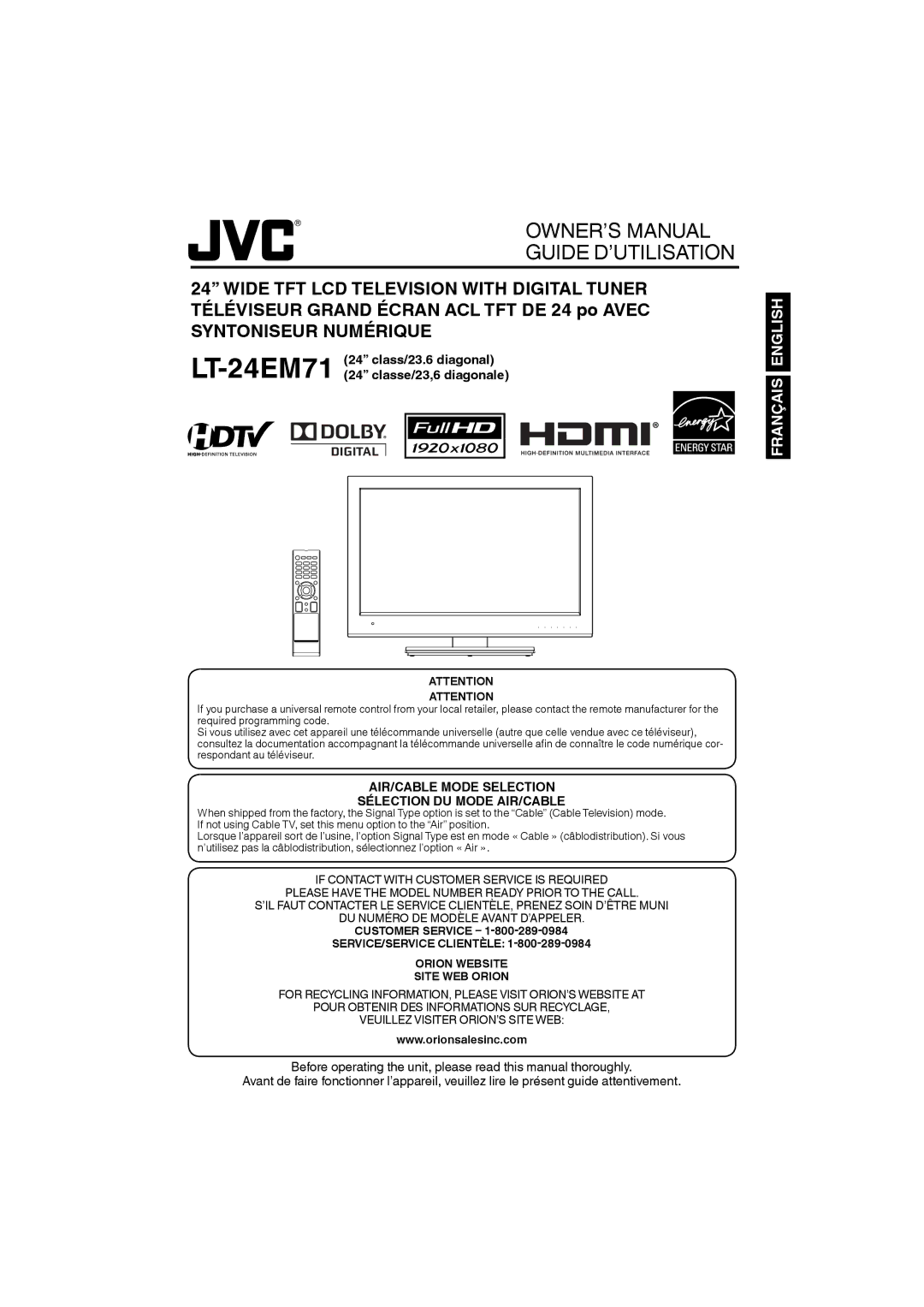 JVC owner manual LT-24EM7124 class/23.6 diagonal 24 classe/23,6 diagonale, Customer Service 