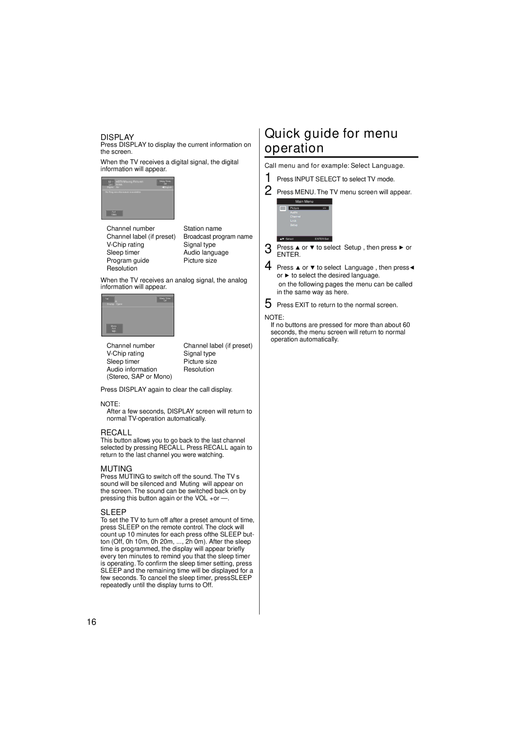 JVC LT-24EM71 owner manual Quick guide for menu operation 