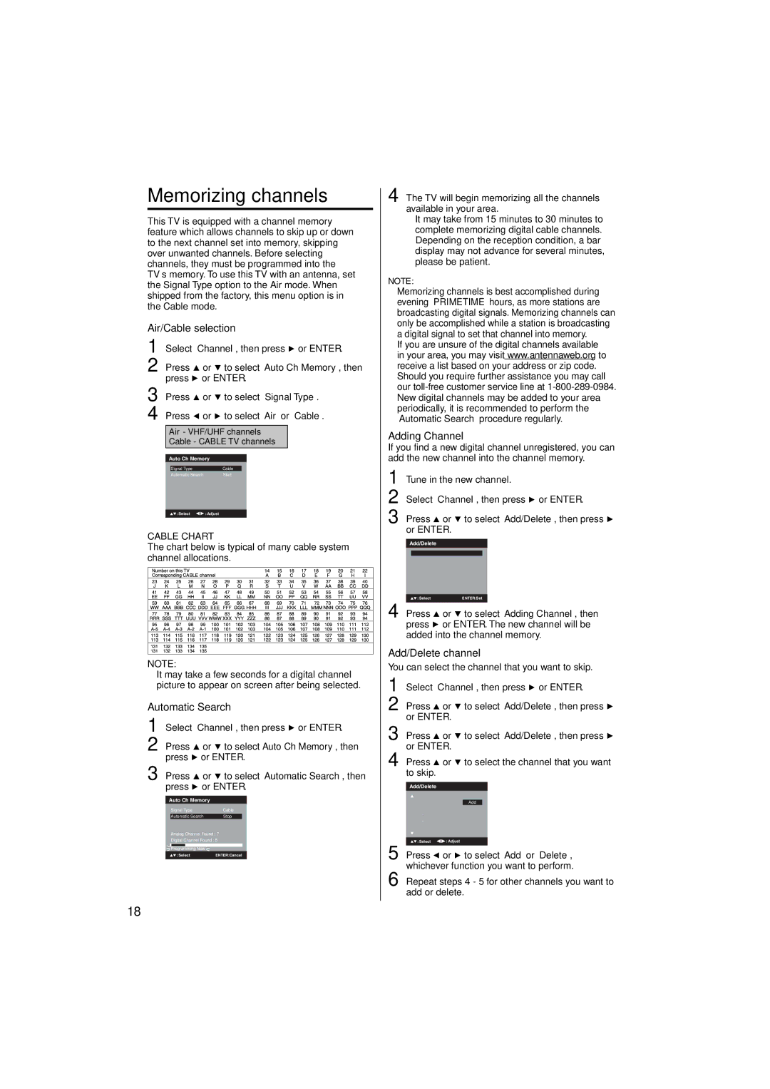 JVC LT-24EM71 owner manual Memorizing channels, Air/Cable selection, Automatic Search, Adding Channel, Add/Delete channel 