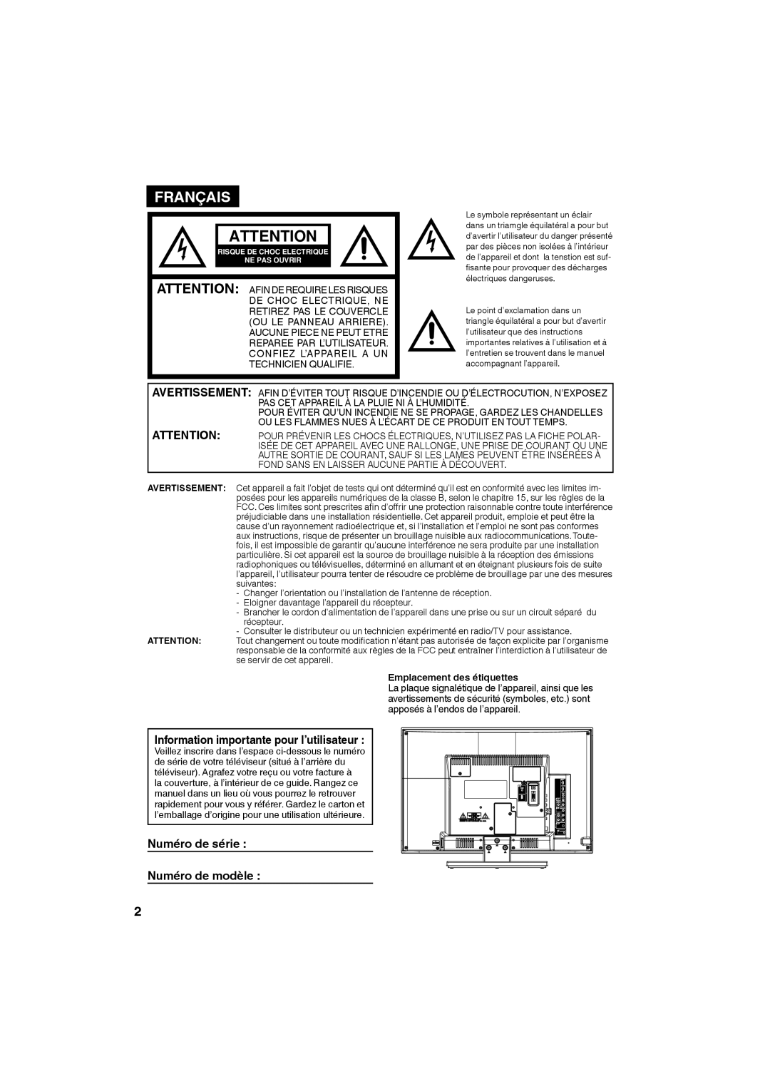 JVC LT-24EM71 owner manual Français, Emplacement des étiquettes 