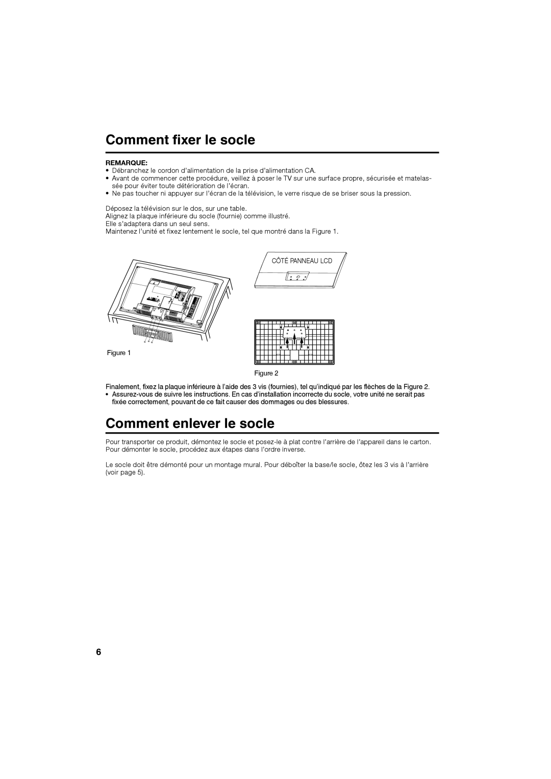 JVC LT-24EM71 owner manual Comment fixer le socle, Comment enlever le socle, Remarque 