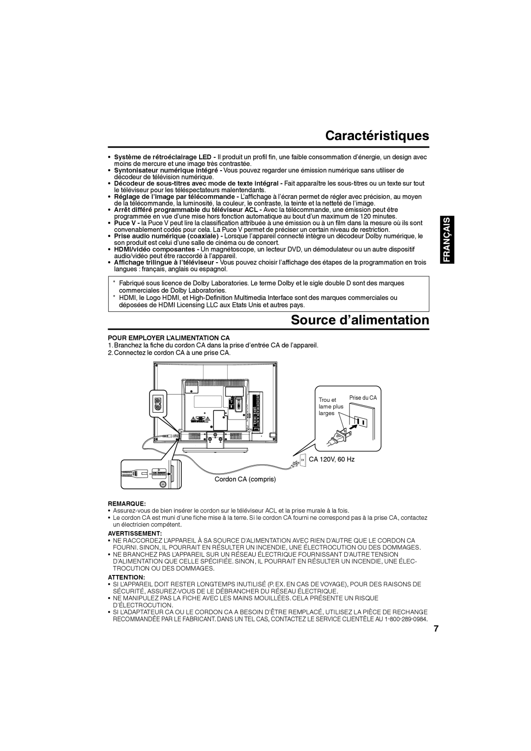 JVC LT-24EM71 Caractéristiques, Source d’alimentation, Pour Employer L’ALIMENTATION CA, CA 120V, 60 Hz Cordon CA compris 