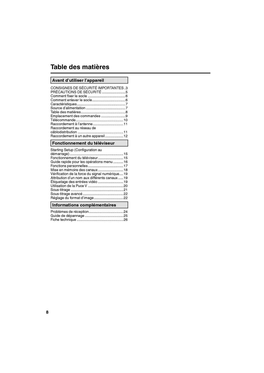 JVC LT-24EM71 owner manual Table des matières, Caractéristiques, Sous-titrage avancé 