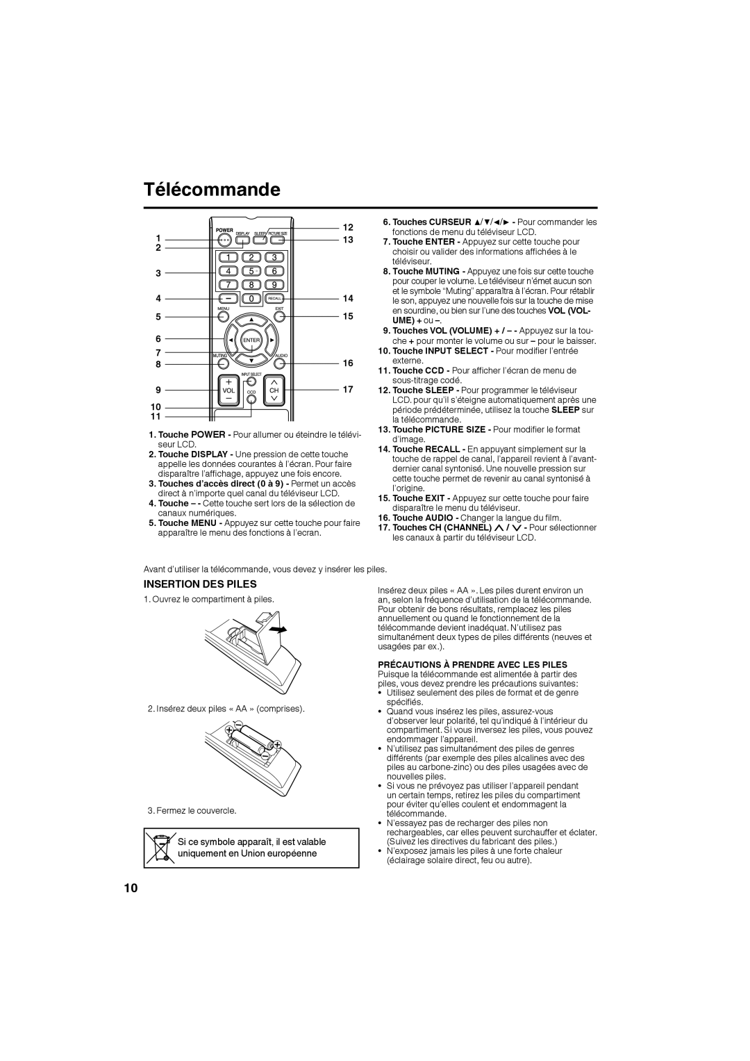 JVC LT-24EM71 owner manual Télécommande, Touche Power Pour allumer ou éteindre le télévi- seur LCD 