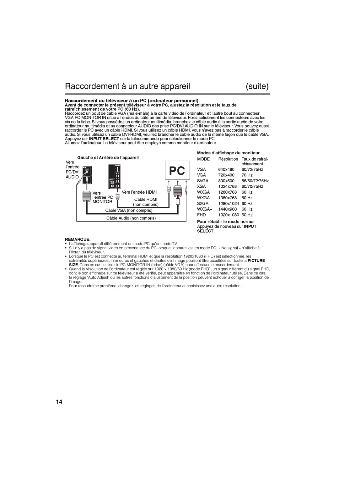 JVC LT-24EM71 Raccordement du téléviseur à un PC ordinateur personnel, Pour rétablir le mode normal, Select Remarque 