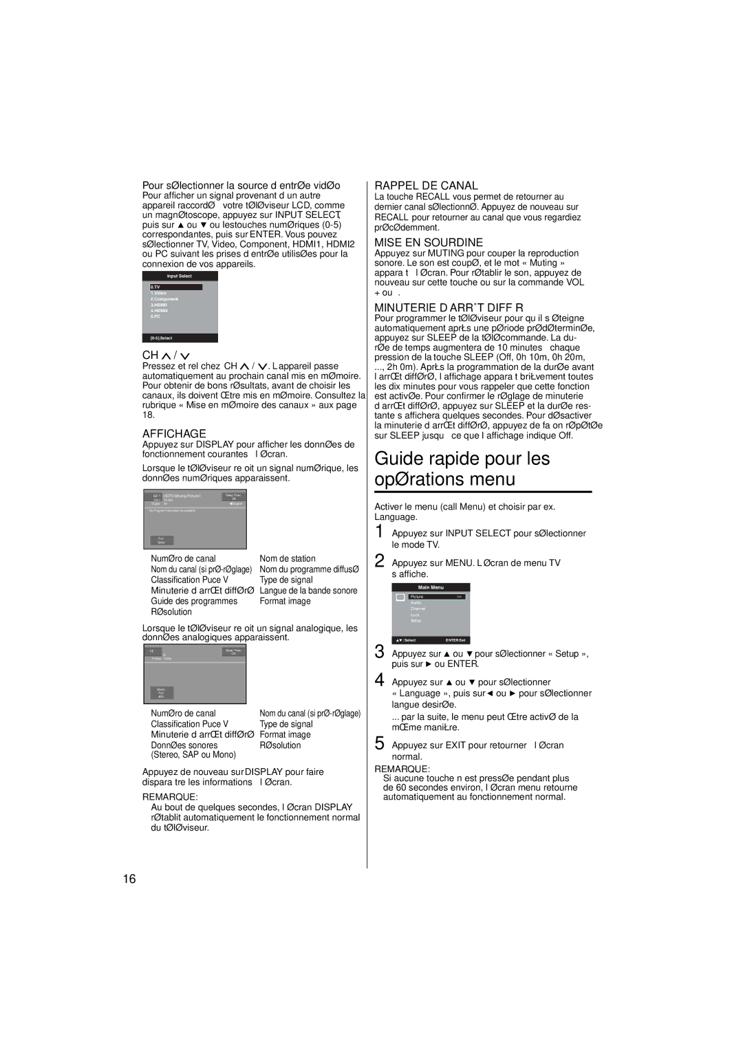 JVC LT-24EM71 Nom de station, Classification Puce Type de signal, Format image, Numéro de canal, Puis sur ou Enter 