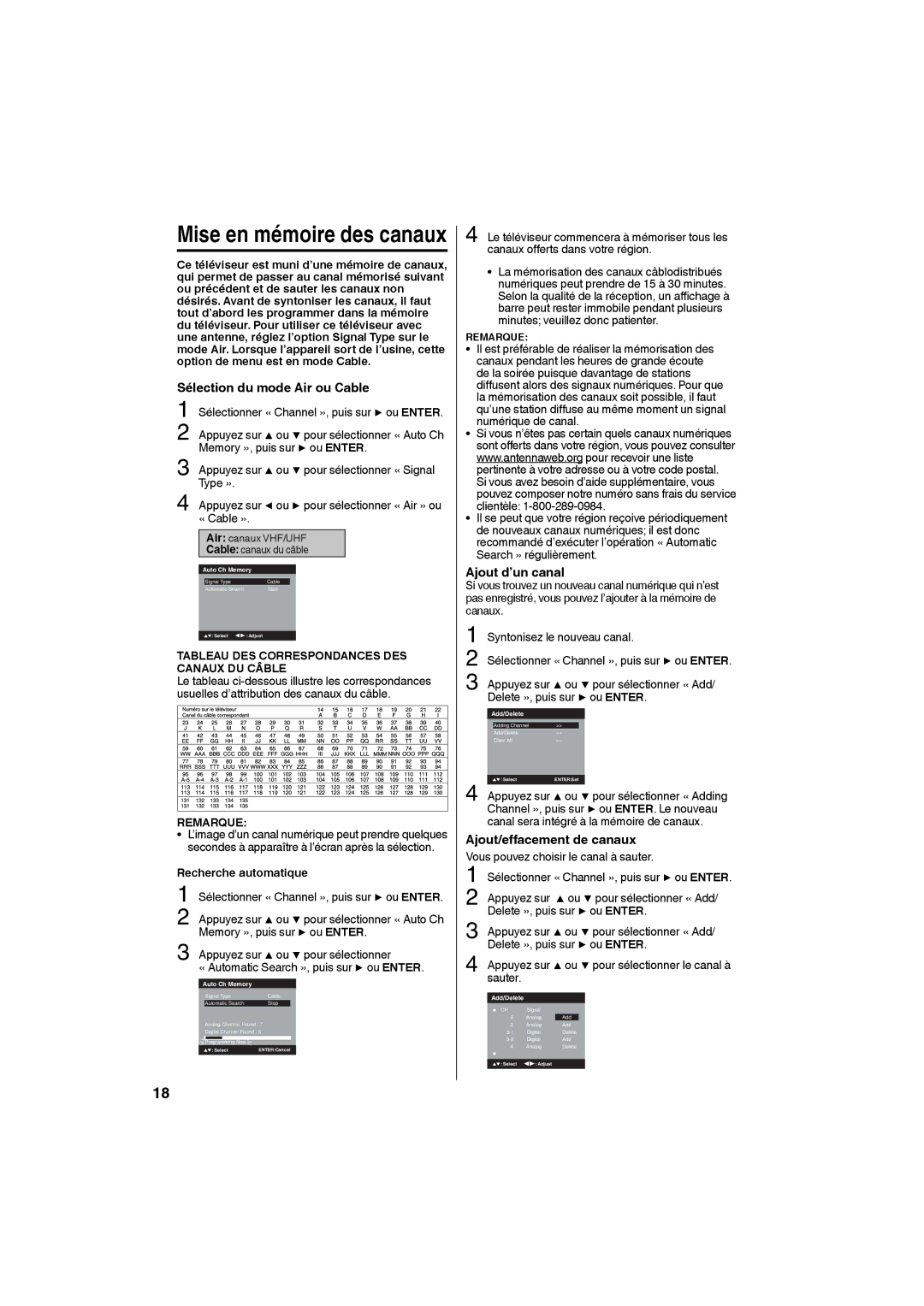 JVC LT-24EM71 Sélection du mode Air ou Cable, Ajout d’un canal, Tableau DES Correspondances DES Canaux DU Câble 