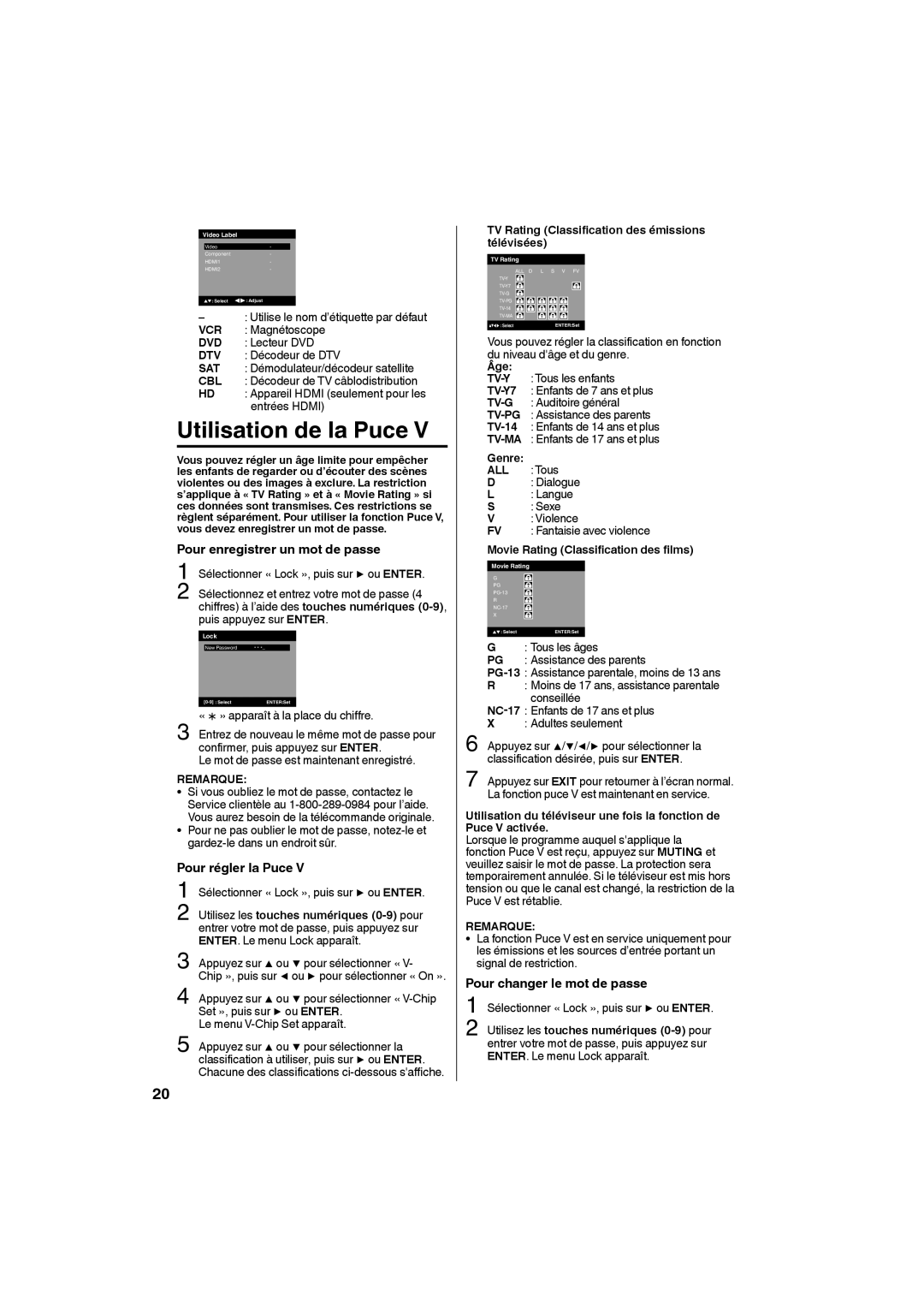 JVC LT-24EM71 Utilisation de la Puce, Pour enregistrer un mot de passe, Pour régler la Puce, Pour changer le mot de passe 