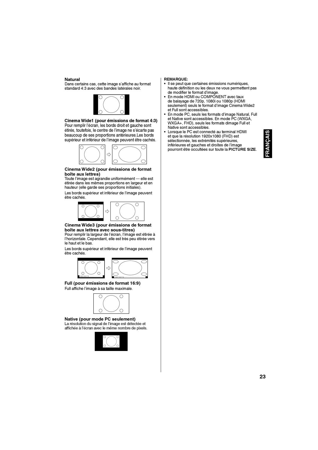 JVC LT-24EM71 owner manual Cinema Wide2 pour émissions de format boîte aux lettres, Full pour émissions de format 