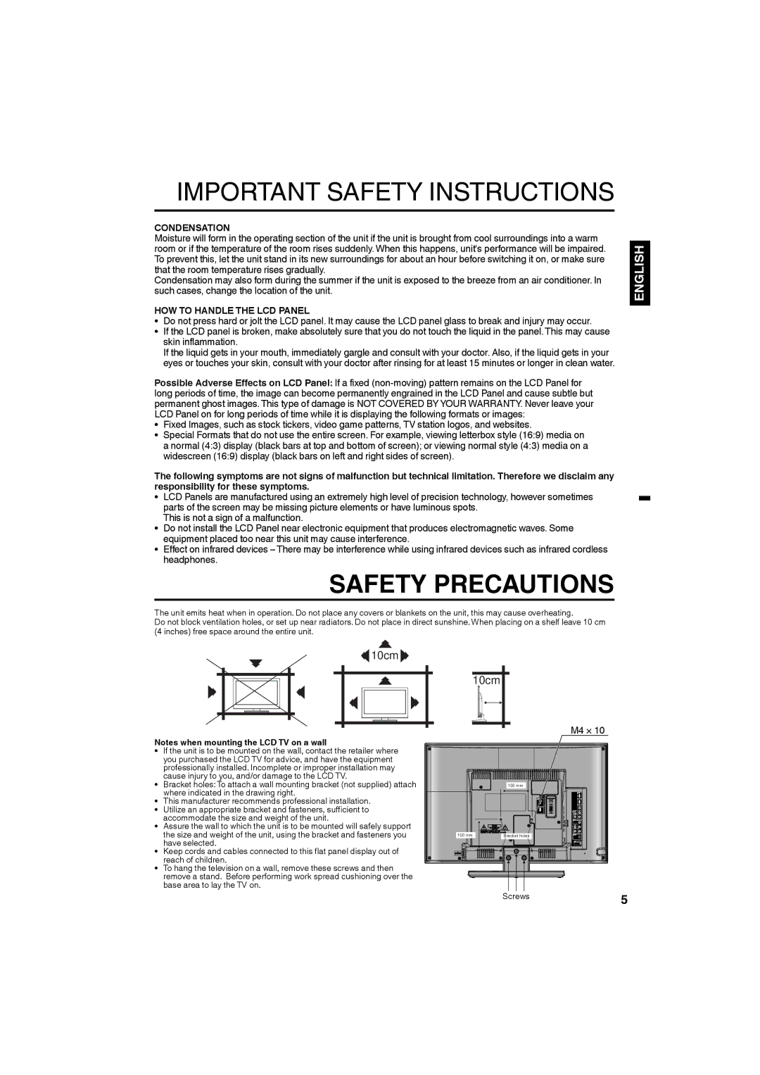 JVC LT-24EM71 owner manual Condensation, HOW to Handle the LCD Panel, M4 × 