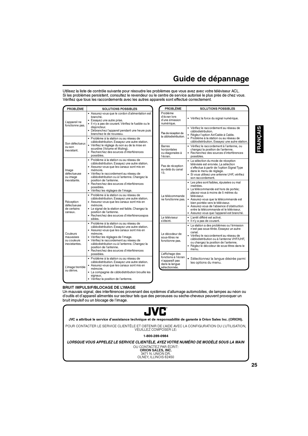 JVC LT-24EM71 owner manual Guide de dépannage, Bruit IMPULSIF/BLOCAGE DE L’IMAGE 