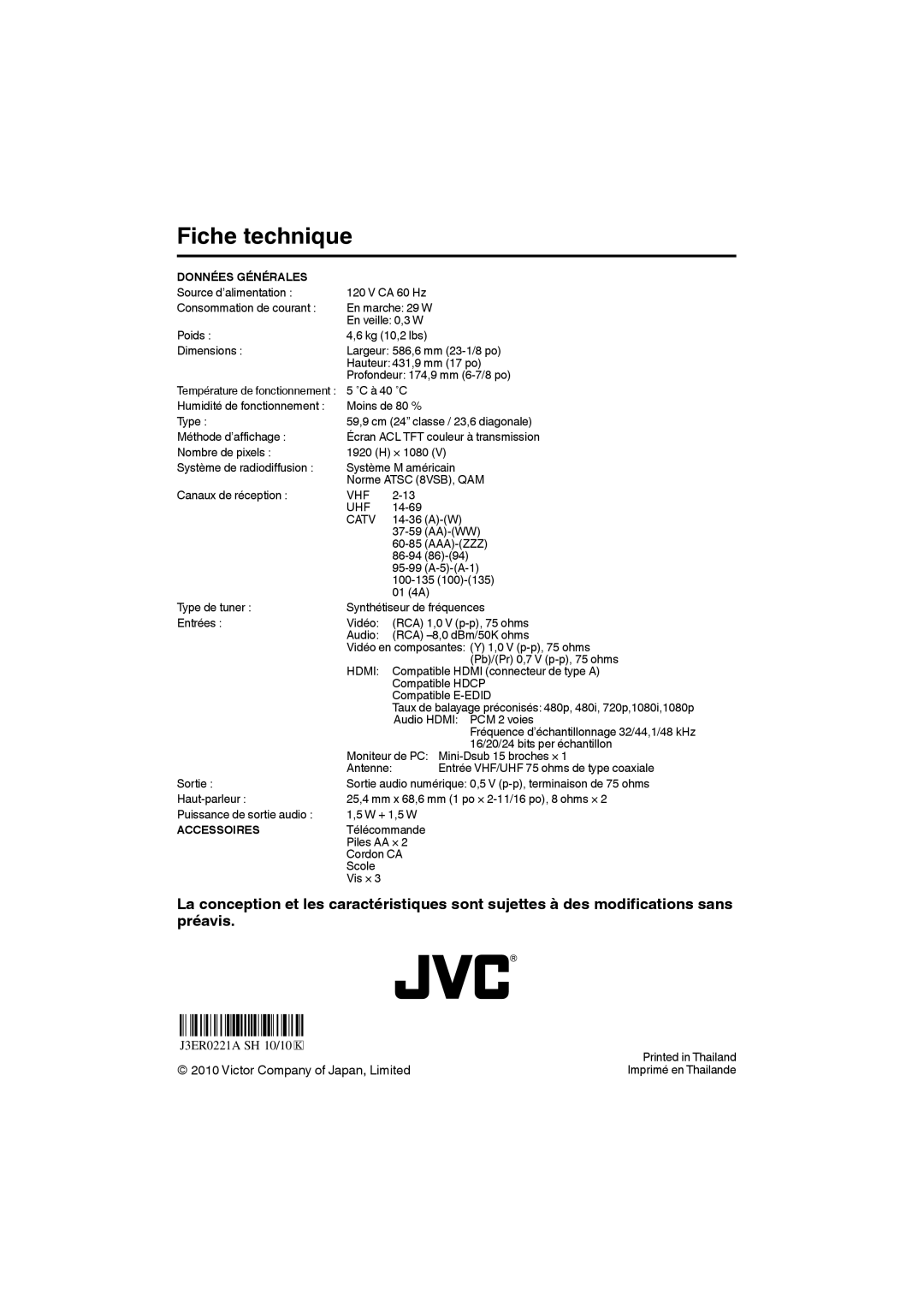 JVC LT-24EM71 owner manual Fiche technique, Données Générales, Accessoires 