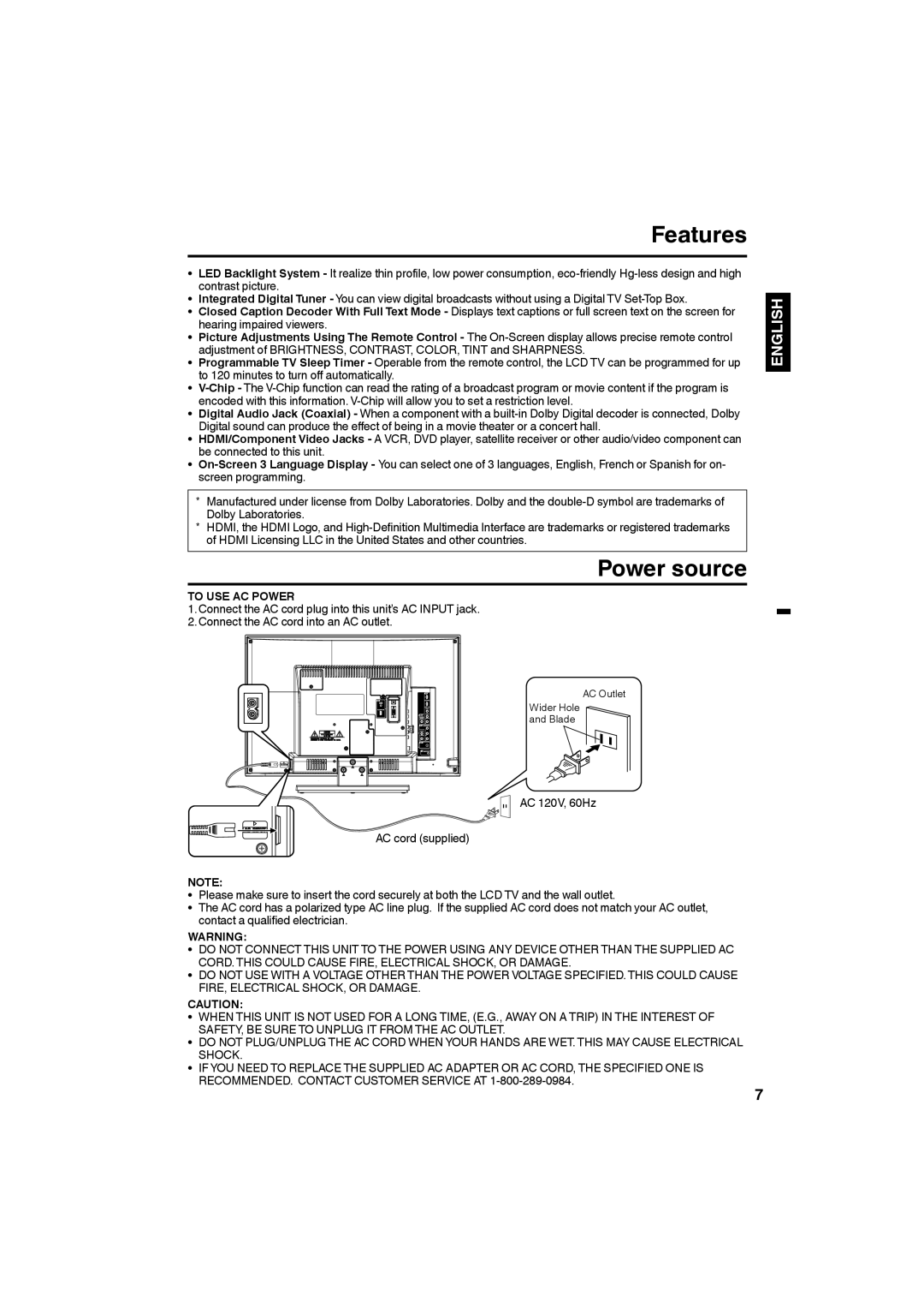 JVC LT-24EM71 owner manual Features, Power source, To USE AC Power 