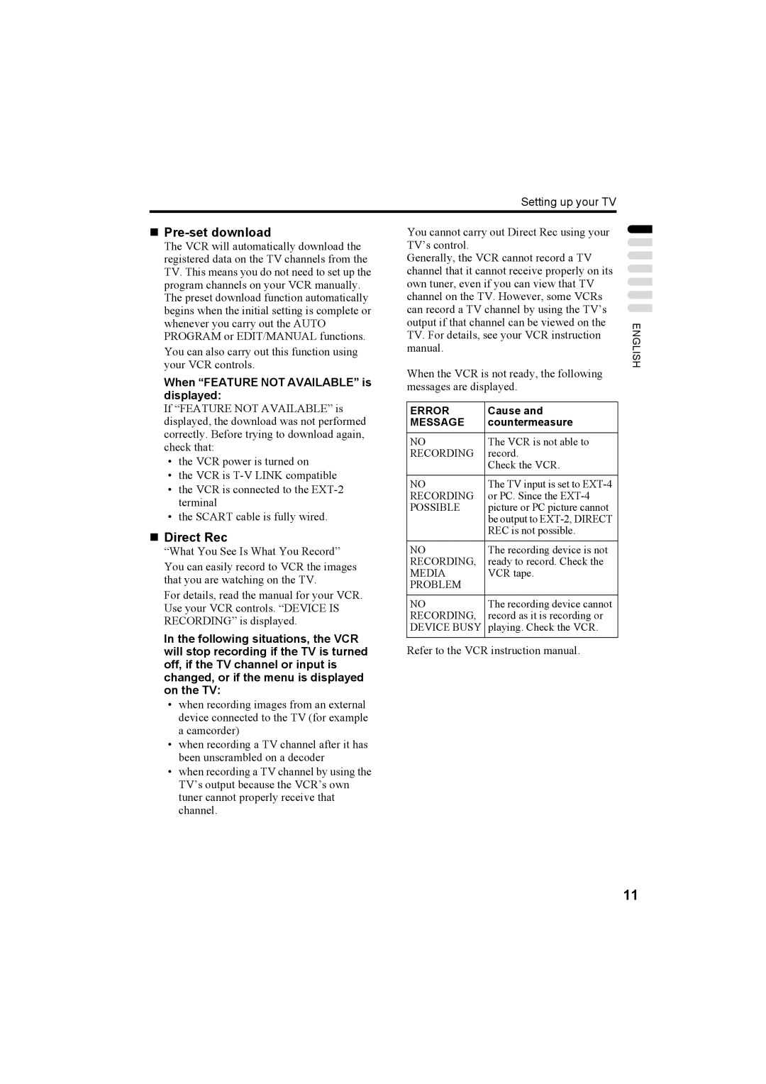 JVC LT-26A60SU, LT-26A60BU manual „ Pre-set download, „ Direct Rec, When Feature not Available is, Displayed 