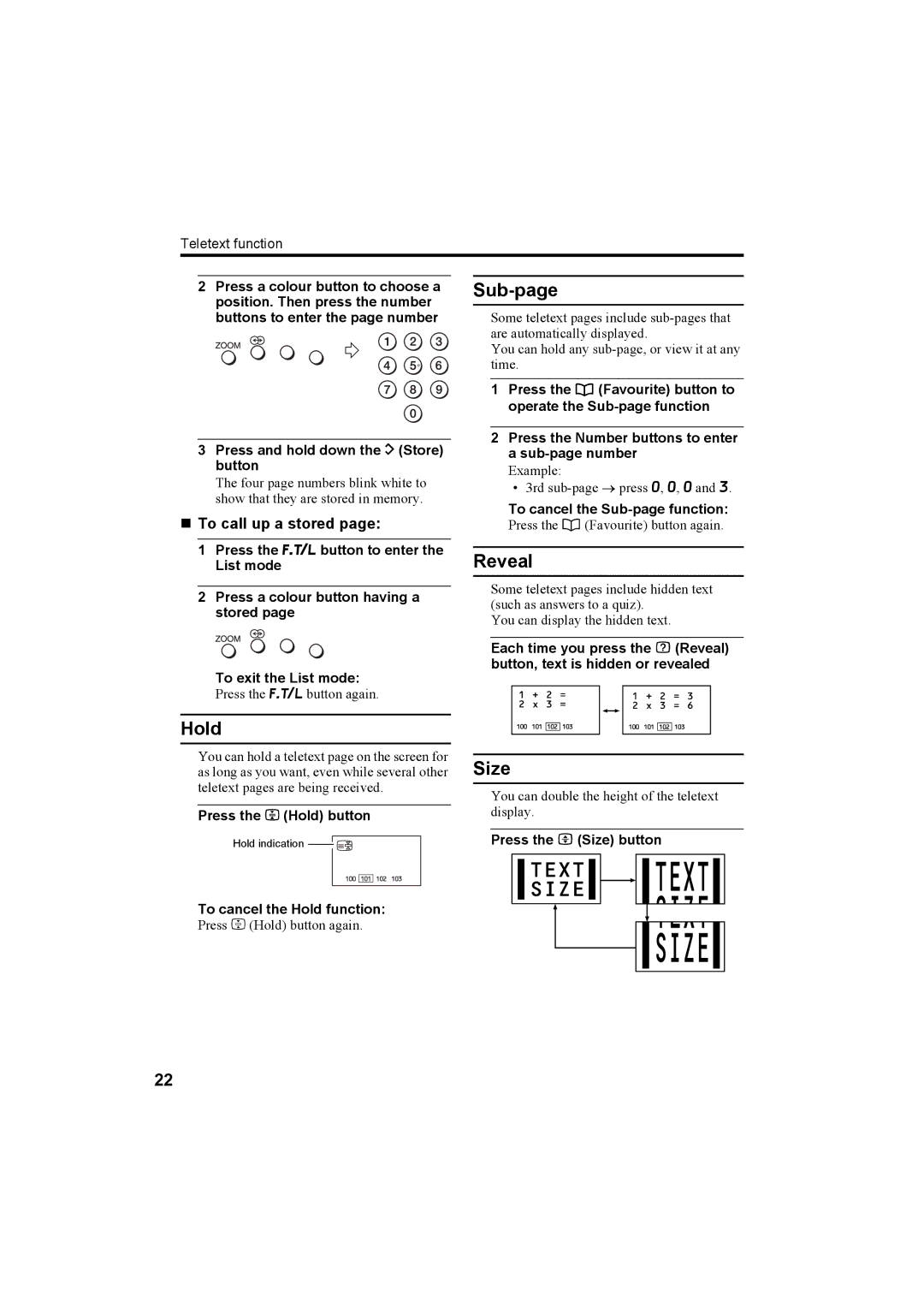 JVC LT-26A60BU, LT-26A60SU manual Sub-page, Reveal, Hold, Size, „ To call up a stored 