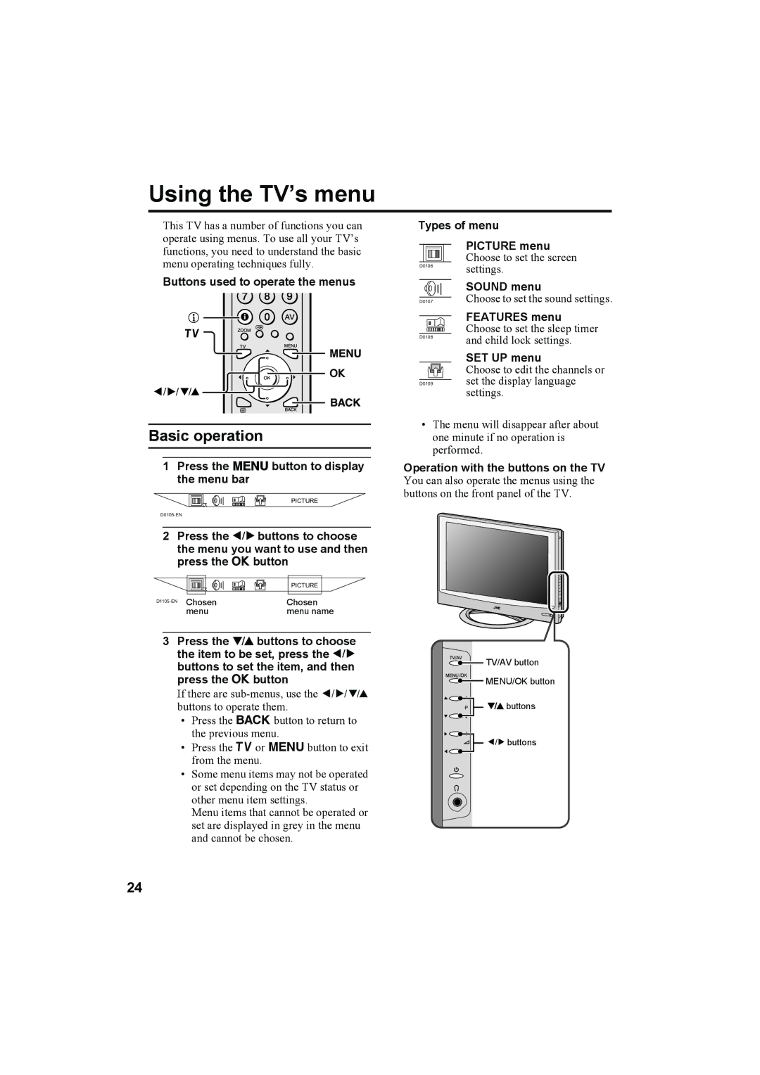 JVC LT-26A60BU manual Using the TV’s menu, Buttons used to operate the menus, Press the Hbutton to display the menu bar 