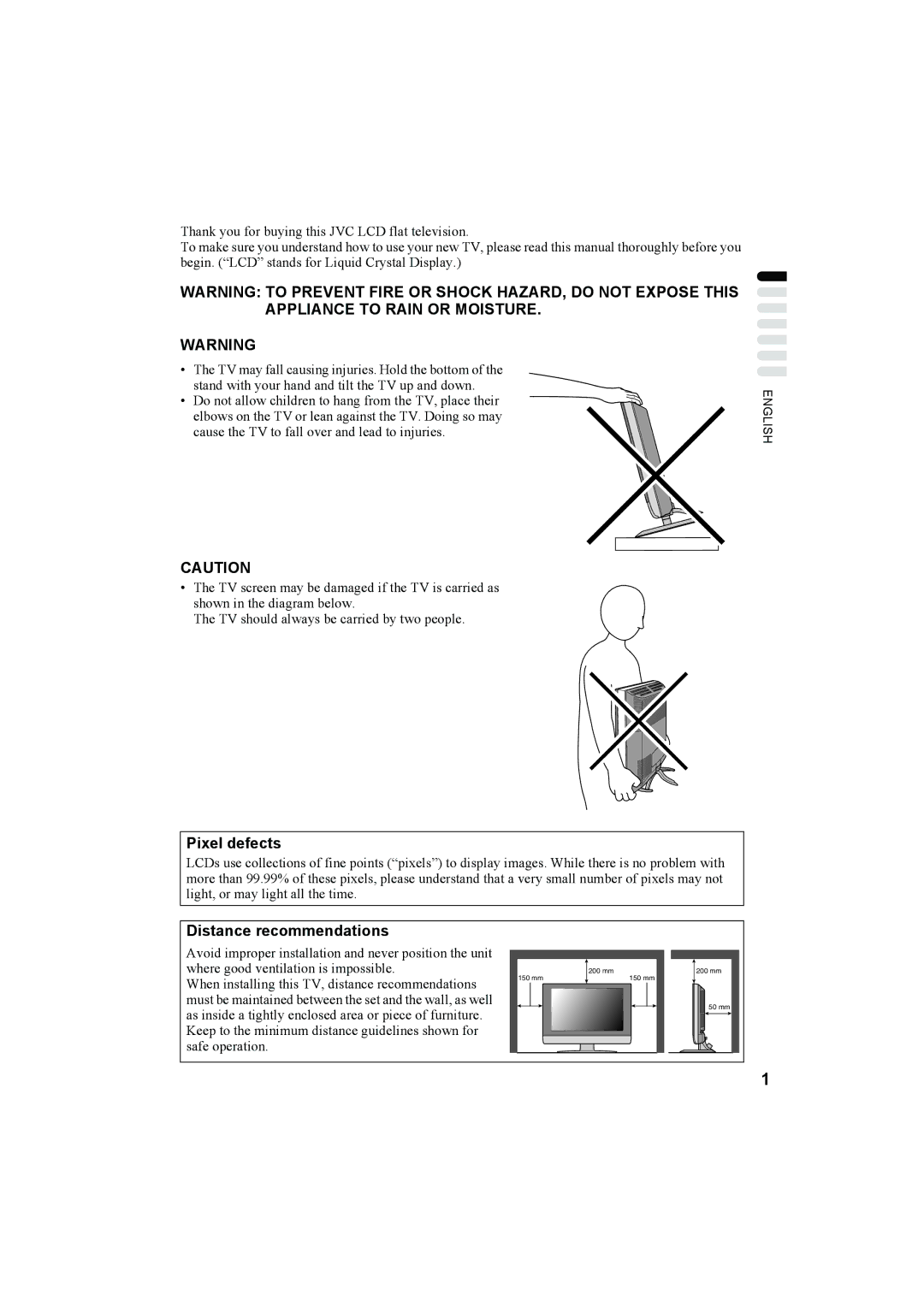 JVC LT-26A60SU, LT-26A60BU manual Pixel defects, Distance recommendations 