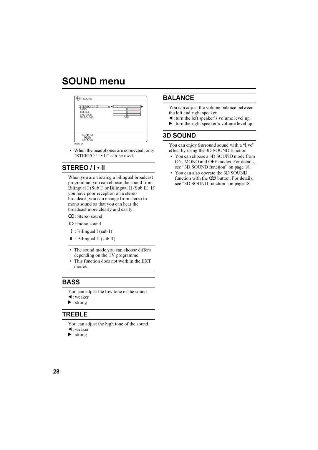 JVC LT-26A60BU, LT-26A60SU manual Sound menu, Stereo / I 