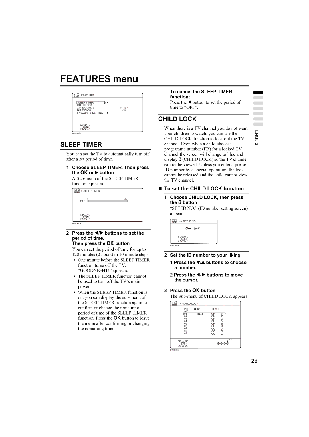 JVC LT-26A60SU, LT-26A60BU manual Features menu, „ To set the Child Lock function 