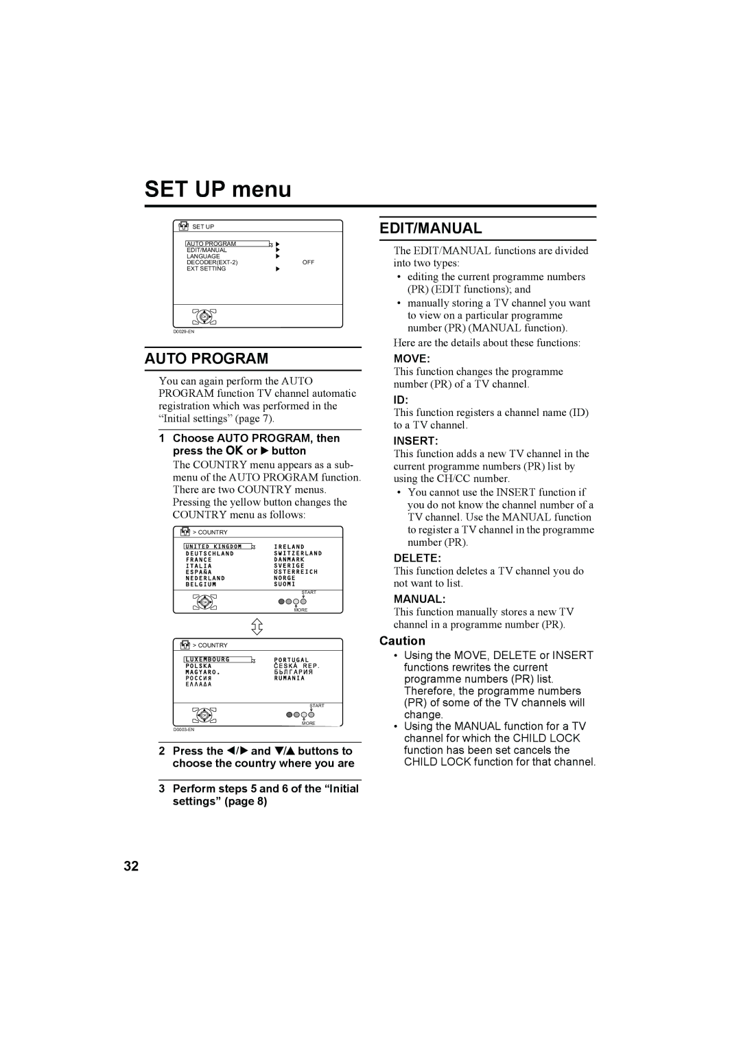 JVC LT-26A60BU, LT-26A60SU manual SET UP menu, Choose Auto PROGRAM, then press the a or 3 button 