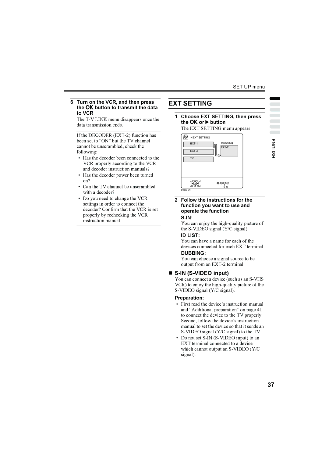 JVC LT-26A60SU, LT-26A60BU manual „ S-IN S-VIDEO input, Choose EXT SETTING, then press the a or 3 button, Preparation 