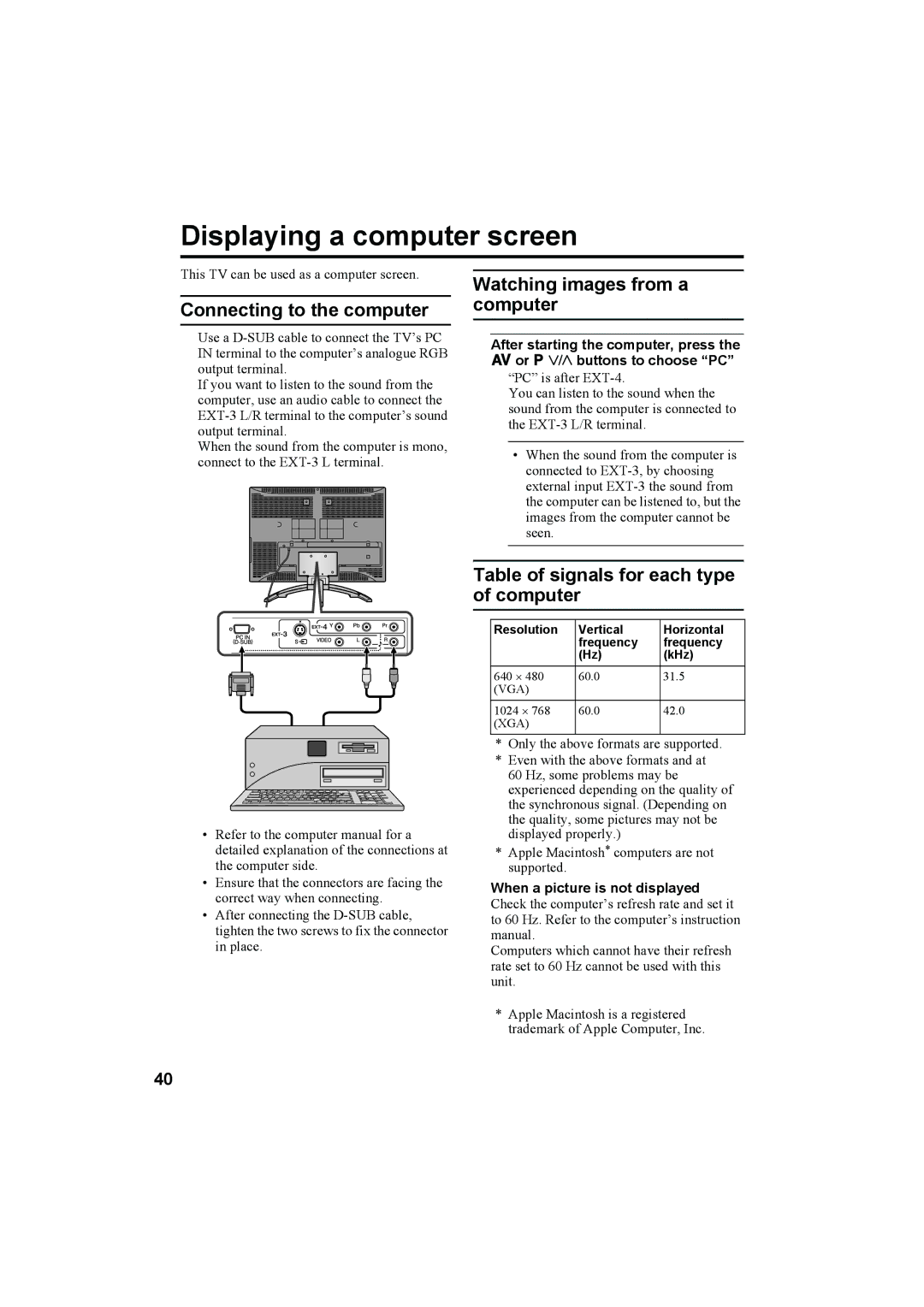 JVC LT-26A60BU, LT-26A60SU manual Displaying a computer screen, Connecting to the computer, Watching images from a computer 